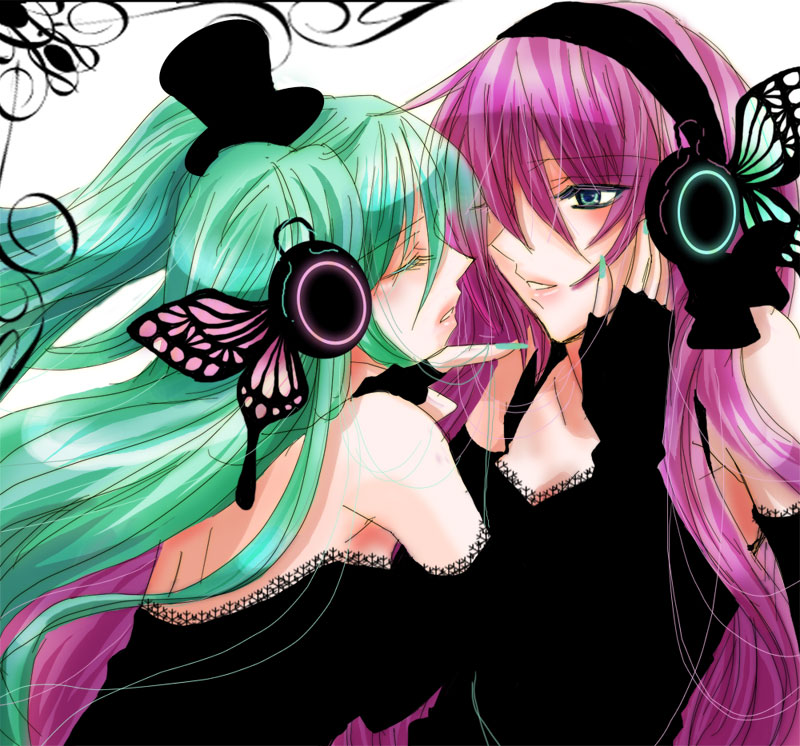 natsuru, hatsune miku, megurine luka, magnet (vocaloid), vocaloid, bad id, bad pixiv id, 2girls, aqua hair, butterfly wings, dress, face-to-face, female focus, fingerless gloves, gloves, green hair, hat, headphones, insect wings, long hair, magnet, mini hat, mini top hat, multiple girls, pink hair, top hat, very long hair, wings, yuri