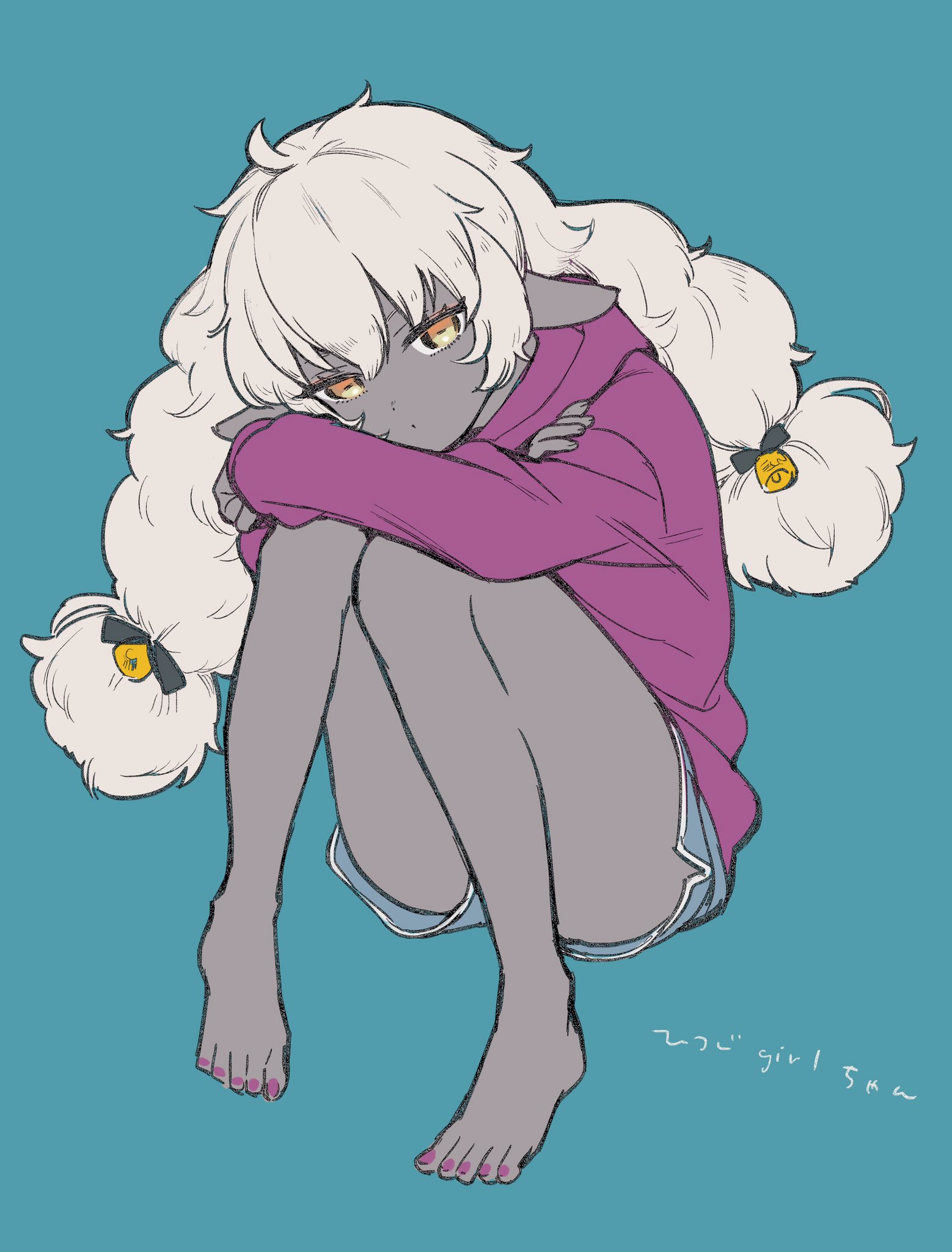 original, fluffy hair, commentary request, highres, 1girl, ahoge, animal ears, aqua background, arms on knees, barefoot, bell, black ribbon, blue shorts, borrowed character, closed mouth, dark-skinned female, dark skin, dolphin shorts, flat color, full body, hair bell, hair between eyes, hair ornament, hair ribbon, head tilt, hood, hood down, hoodie, horizontal pupils, knees up, long hair, long sleeves, looking at viewer, low twintails, orange eyes, purple hoodie, purple nails, ribbon, sheep ears, sheep girl (terayamaden), shorts, simple background, sitting, solo, thighs, twintails, uruu akua, white hair