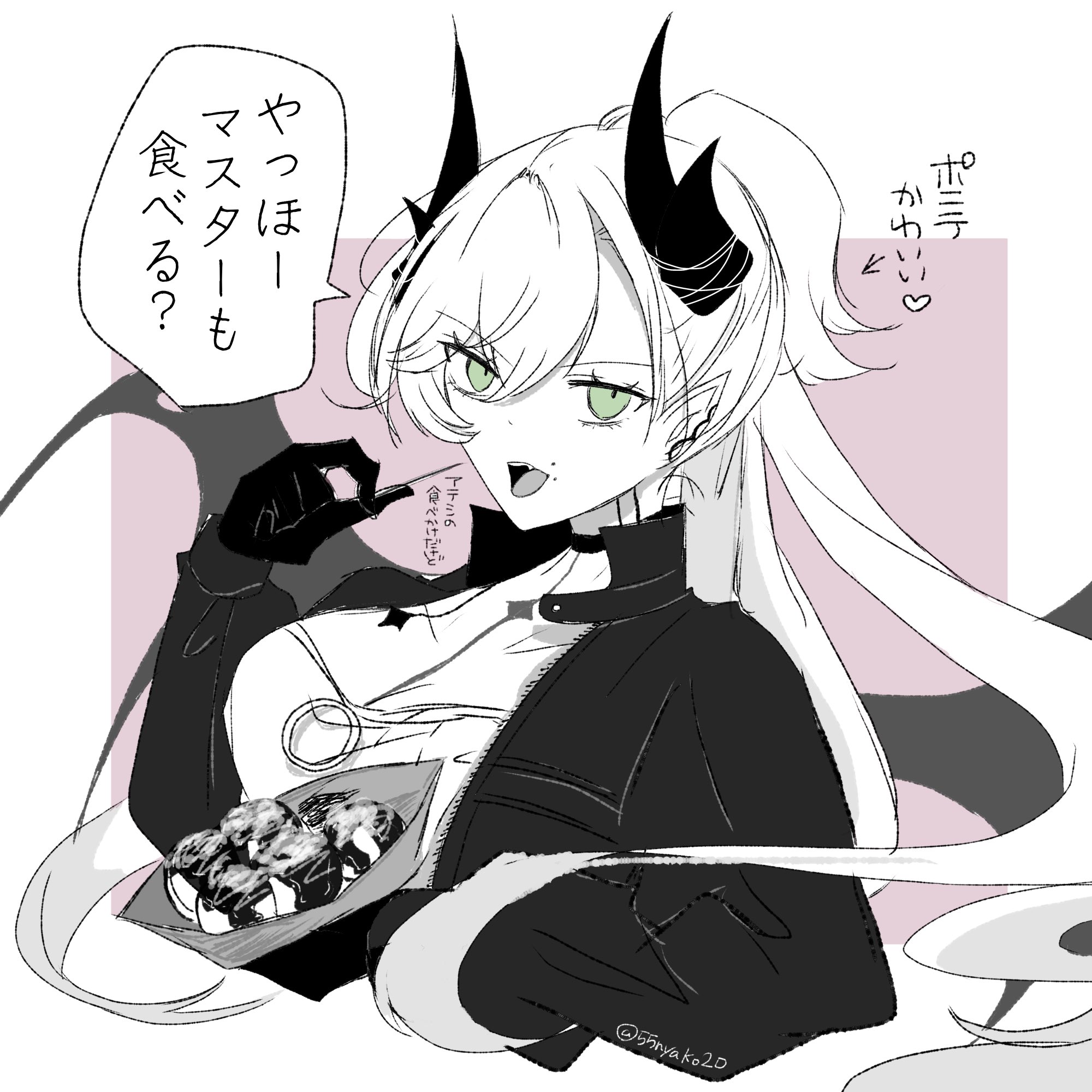 55nyako20, lilith (fate), fate/grand order, fate (series), commentary request, highres, bat wings, breasts, collarbone, dango, demon horns, earrings, eating, food, green eyes, horns, jewelry, large breasts, lilith (over the same sky) (fate), neck tattoo, open mouth, ponytail, single earring, tattoo, upper body, wagashi, white hair, wings