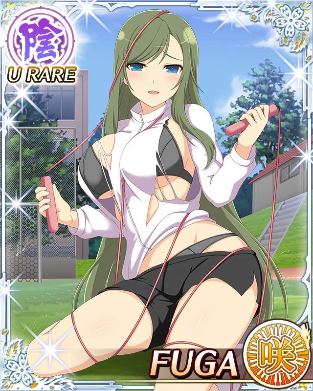 fuga (senran kagura), senran kagura, senran kagura new wave, game cg, official art, 1girl, black bra, black panties, black shorts, blue eyes, border, bound, bra, breasts, building, card (medium), character name, english text, green hair, groin, jump rope, large breasts, long hair, looking at viewer, mole, mole under eye, official alternate costume, outdoors, panties, parted lips, shorts, sitting, smile, solo, stairs, sweater, swept bangs, tied up (nonsexual), torn clothes, underwear, white sweater