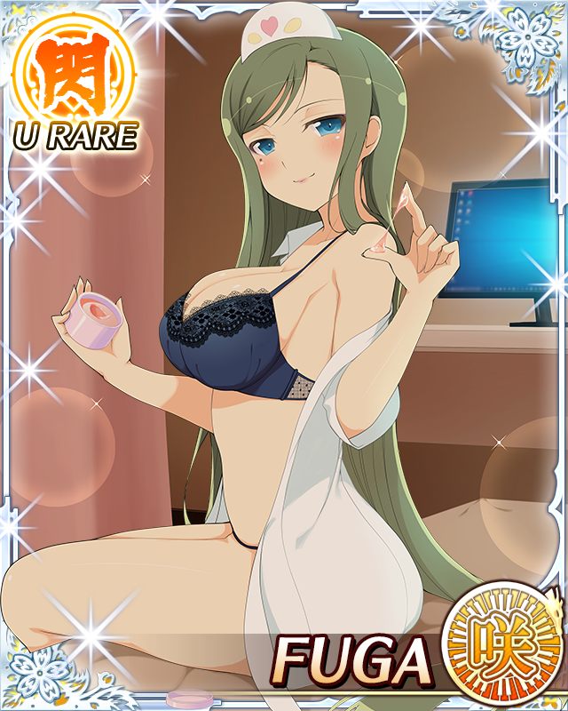 fuga (senran kagura), senran kagura, senran kagura new wave, game cg, official art, 1girl, blue bra, blue eyes, blue panties, blush, border, bottle, bra, breasts, card (medium), character name, cleavage, closed mouth, coat, english text, green hair, hat, heart, heart print, holding, holding bottle, infirmary, lace, lace-trimmed bra, lace trim, large breasts, long hair, looking at viewer, lotion, mole, mole under eye, monitor, nurse, nurse cap, official alternate costume, on bed, open clothes, open coat, panties, seductive smile, sideboob, sitting, smile, solo, swept bangs, underwear