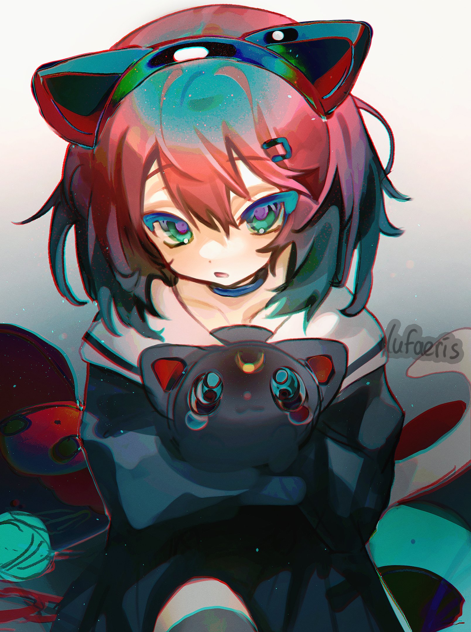 cloud (lufaeris), original, commentary, highres, 1girl, animal ear hairband, animal ears, black choker, black shirt, black skirt, blue eyes, brown hair, cat ear hairband, cat ears, choker, cowboy shot, double-parted bangs, fake animal ears, gradient background, grey background, hair between eyes, hair ornament, hairband, hairclip, holding, holding stuffed toy, looking at viewer, open mouth, sailor collar, shirt, short hair, skirt, solo, stuffed animal, stuffed cat, stuffed toy, white sailor collar
