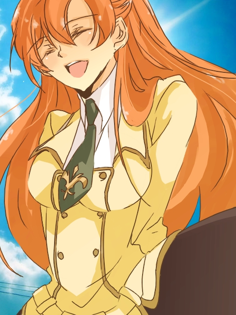 hatsuko, shirley fenette, code geass, bad id, bad pixiv id, 00s, 1girl, :d, ^ ^, blazer, breasts, buttons, closed eyes, female focus, jacket, long hair, long sleeves, medium breasts, open mouth, orange hair, smile, solo, upper body, very long hair