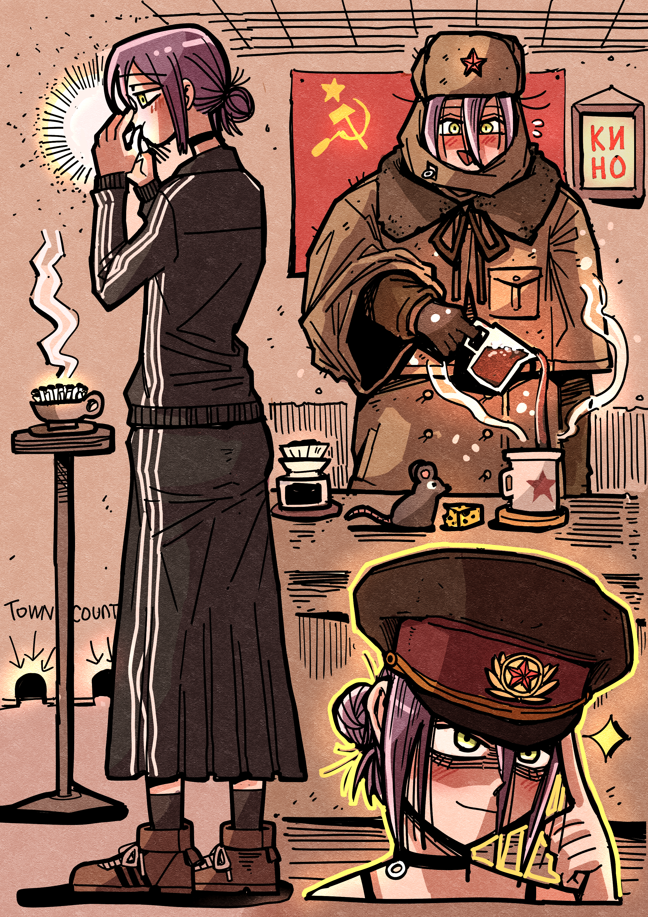 hansoom (latebirdwakeup), reze (chainsaw man), adidas, chainsaw man, absurdres, highres, 1girl, blush, cheese, cup, food, fur hat, green eyes, hair between eyes, hammer and sickle, hat, kino (band), long hair between eyes, long skirt, military hat, pouring, purple hair, red flag, red star, russia, russian clothes, skirt, smile, soviet, soviet flag, sportswear, star (symbol), tea, track suit