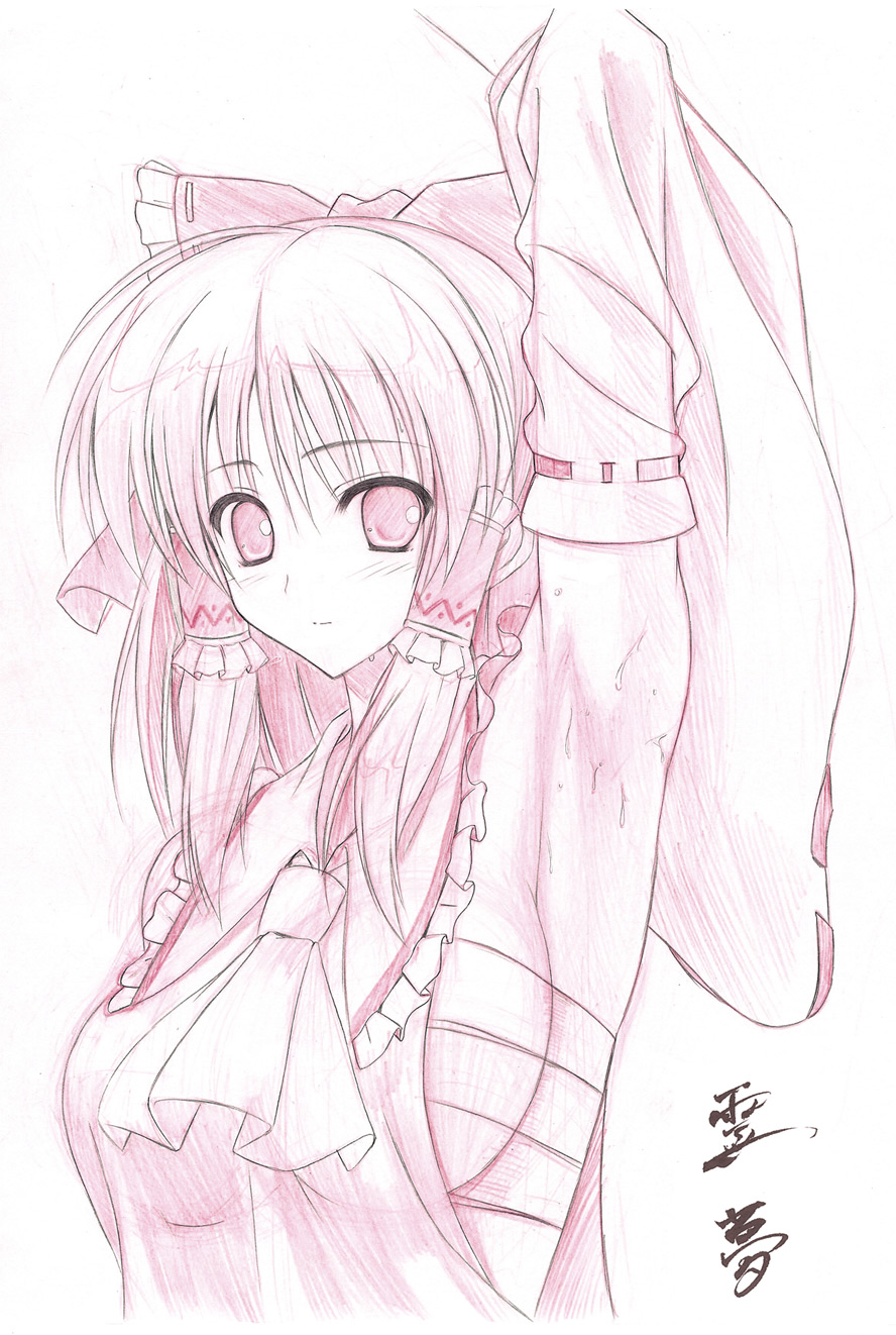 rotonchan, ruton-niki, hakurei reimu, touhou, bad id, bad pixiv id, highres, 1girl, armpits, arms up, breasts, detached sleeves, female focus, large breasts, long hair, monochrome, sarashi, sideboob, sketch, solo, sweat