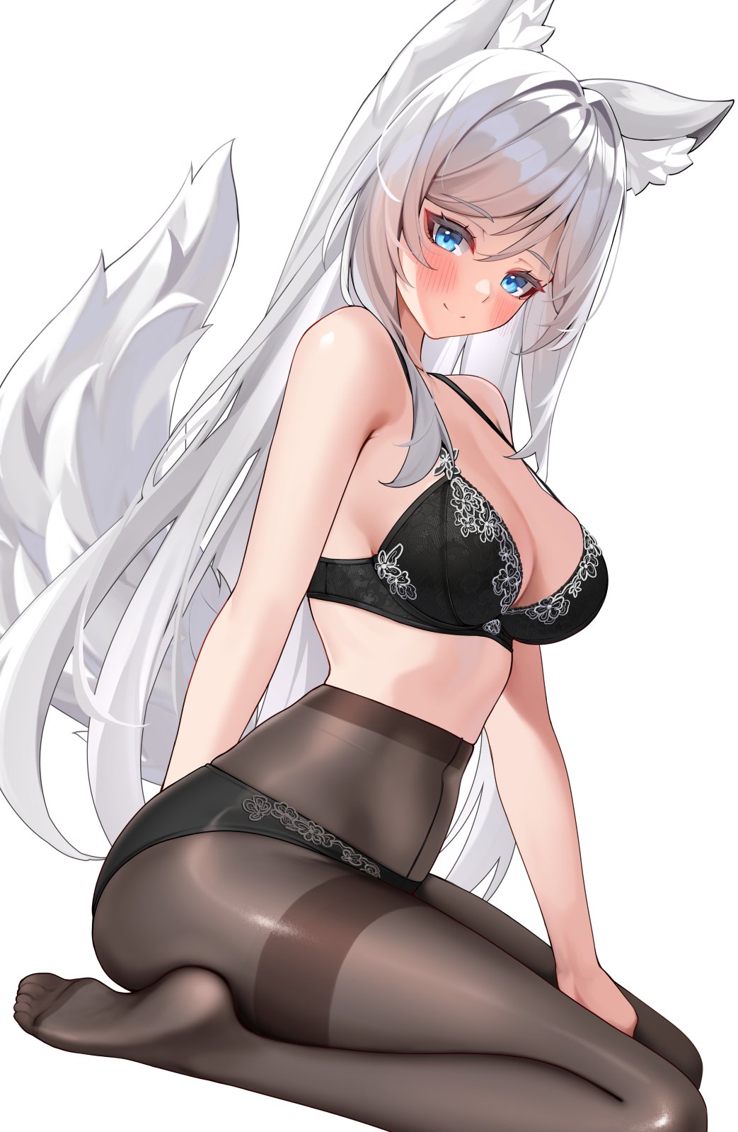 matrix16, original, commentary, commission, highres, paid reward available, 1girl, animal ear fluff, animal ears, black bra, black panties, black pantyhose, blue eyes, blush, bra, breasts, cleavage, closed mouth, covered navel, from side, grey hair, large breasts, long hair, looking at viewer, no shoes, panties, panties over pantyhose, pantyhose, seiza, simple background, sitting, smile, solo, tail, underwear, very long hair, white background, wolf ears, wolf girl, wolf tail