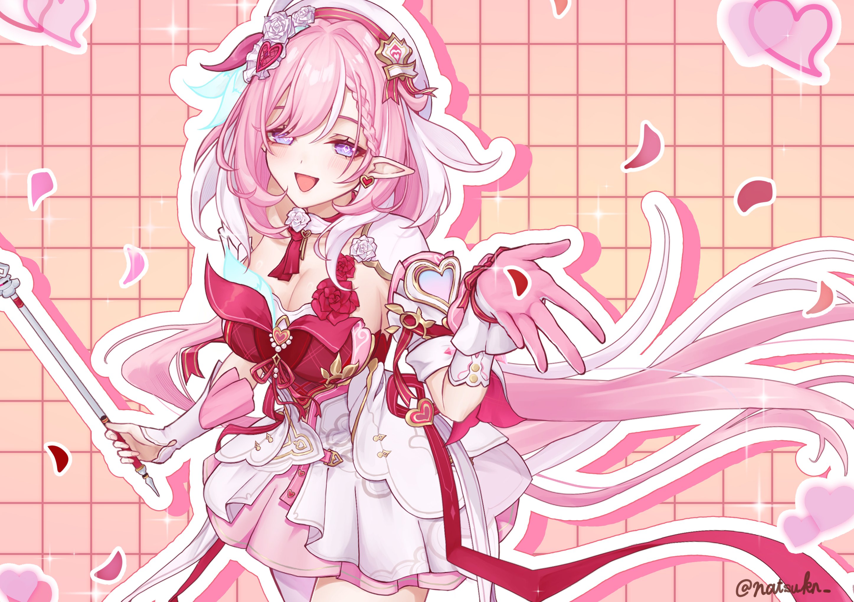 natsukn, elysia (hi love elf) (honkai impact), elysia (honkai impact), honkai (series), honkai impact 3rd, commentary request, highres, 1girl, beret, breasts, cleavage, diamond-shaped pupils, diamond (shape), dress, earrings, elf, falling petals, gloves, grid background, hat, heart, heart earrings, holding ribbon baton, jewelry, large breasts, long hair, looking at viewer, multicolored hair, petals, pink gloves, pink hair, pointy ears, purple eyes, red dress, single glove, smile, solo, symbol-shaped pupils, twitter username, two-tone hair, very long hair, white dress, white hair