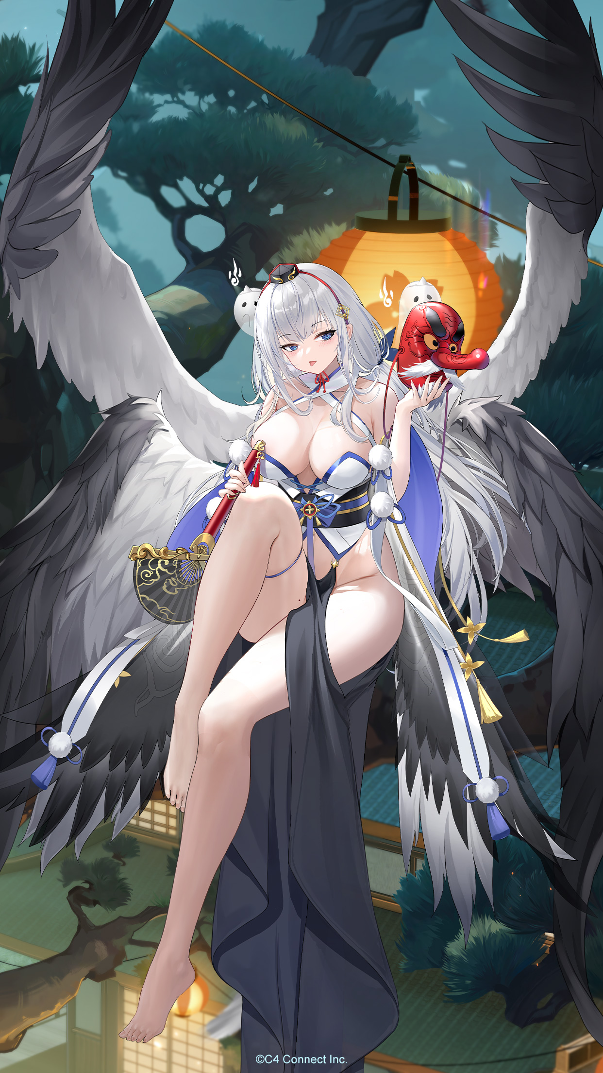 houchi shoujo, character request, highres, official art, 1girl, architecture, bare shoulders, barefoot, black eyes, black hat, blue eyes, breasts, cleavage, clothing cutout, east asian architecture, floating, full body, ghost, grey wings, hand fan, hat, hitodama, holding, holding fan, lantern, large breasts, leg up, long hair, mask, navel cutout, outdoors, pale skin, paper lantern, tengu, tengu mask, toenails, tongue, tongue out, tree, very long hair, white hair, white wings, wings