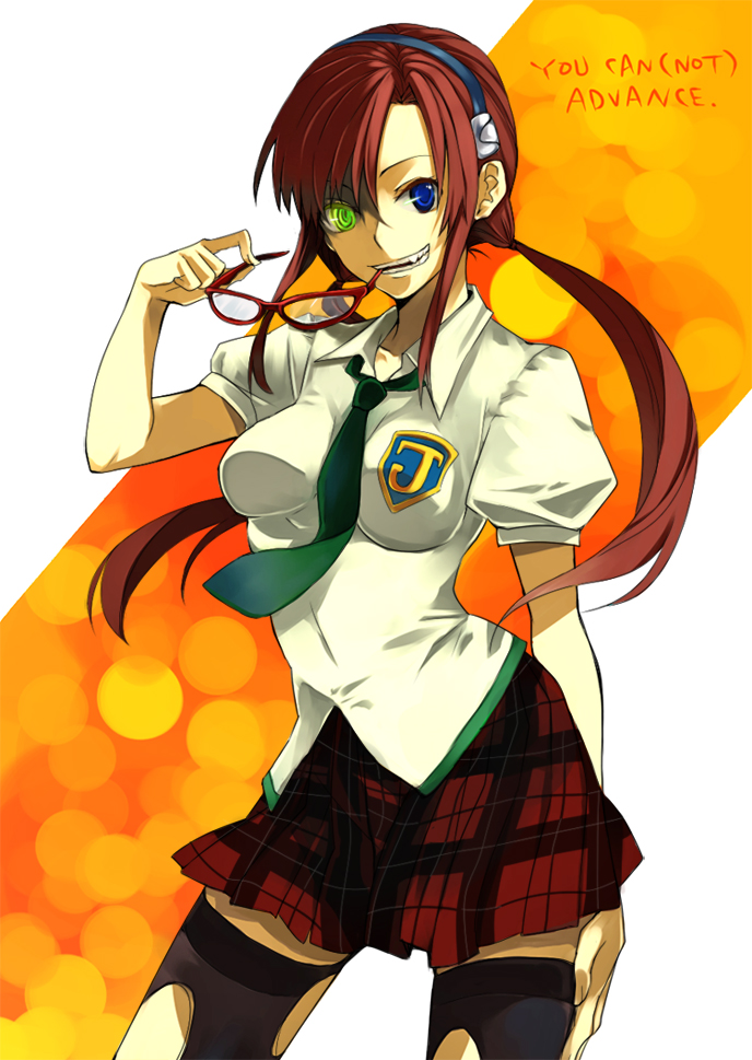nanamura, makinami mari illustrious, neon genesis evangelion, rebuild of evangelion, bad id, bad pixiv id, 00s, 1girl, biting, blue eyes, brown hair, fang, female focus, glasses, glowing, glowing eye, green eyes, hairband, heterochromia, necktie, plaid clothes, plaid skirt, red-framed eyewear, school uniform, skirt, solo, spiral power, thighhighs, torn clothes, torn thighhighs, twintails, zettai ryouiki