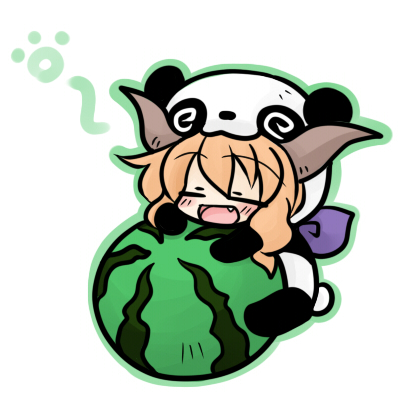 yanagi (nurikoboshi), ibuki suika, touhou, lowres, 1girl, animal costume, blonde hair, chibi, fang, female focus, food, fruit, holding, holding food, holding fruit, holding watermelon, horns, orange hair, panda, solo, watermelon