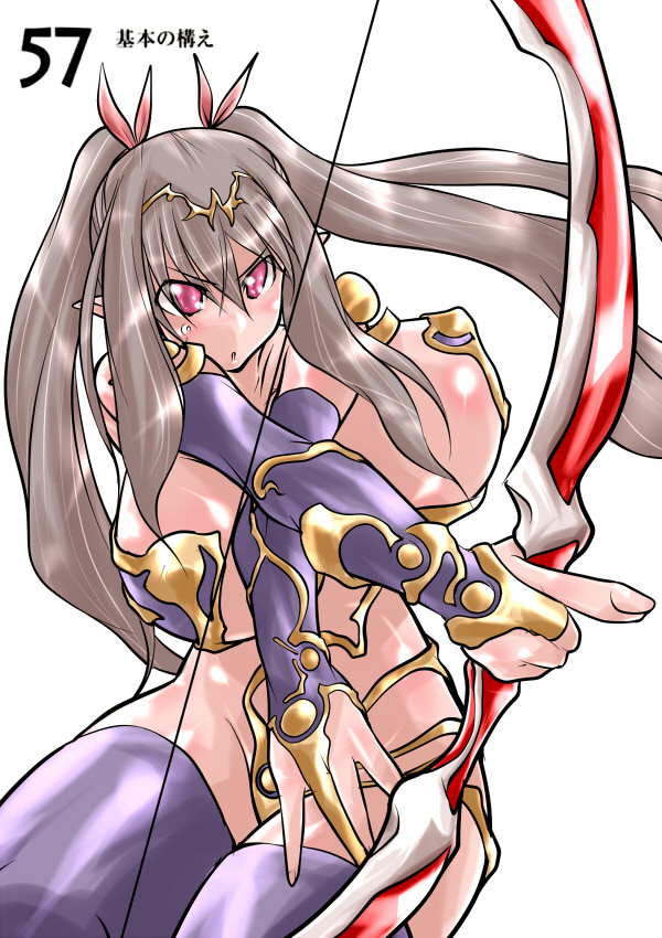 darui hito, queen's blade, 1girl, armor, bow (weapon), breasts, elbow gloves, female focus, gloves, grey hair, huge breasts, long hair, parody, pink eyes, simple background, solo, weapon