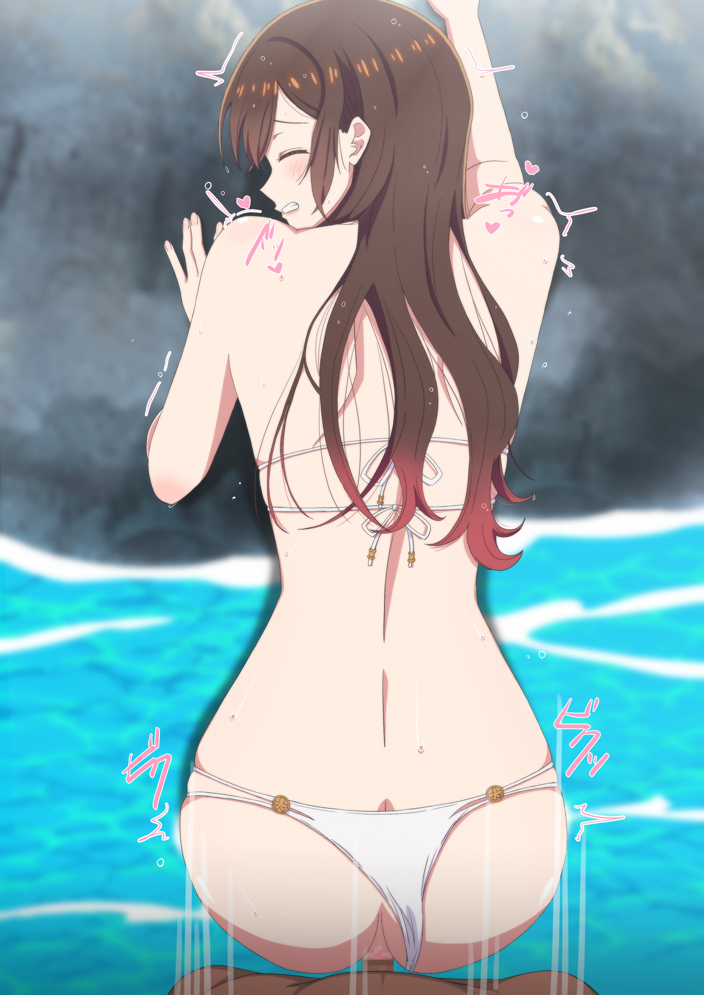 hari official, mizuhara chizuru, kanojo okarishimasu, absurdres, highres, 1boy, 1girl, against rock, back, bare shoulders, bikini, brown hair, clenched teeth, closed eyes, dark-skinned male, dark skin, doggystyle, fingernails, heart, long hair, ocean, outdoors, penis, sex, sex from behind, standing, standing sex, swimsuit, teeth, vaginal, water, white bikini