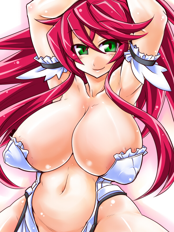 kobayashi tetsuya, himeki luna, vanguard princess, 1girl, armpits, bare shoulders, breasts, cleavage, female focus, gradient background, green eyes, huge breasts, long hair, red hair, smile, solo