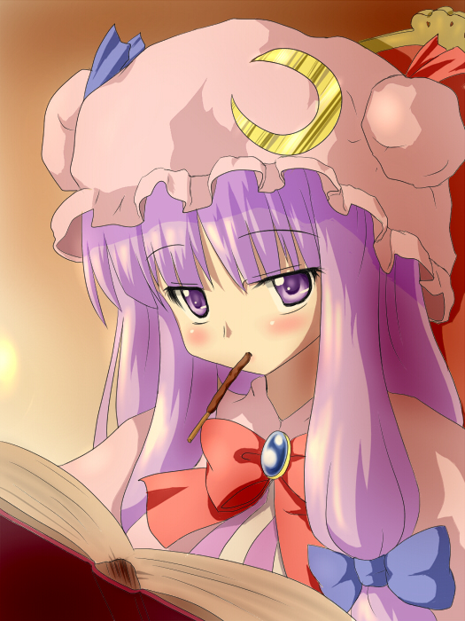 fueiku, patchouli knowledge, touhou, bad id, bad pixiv id, 1girl, blush, book, crescent, female focus, food, hat, long hair, mouth hold, pocky, purple eyes, purple hair, solo