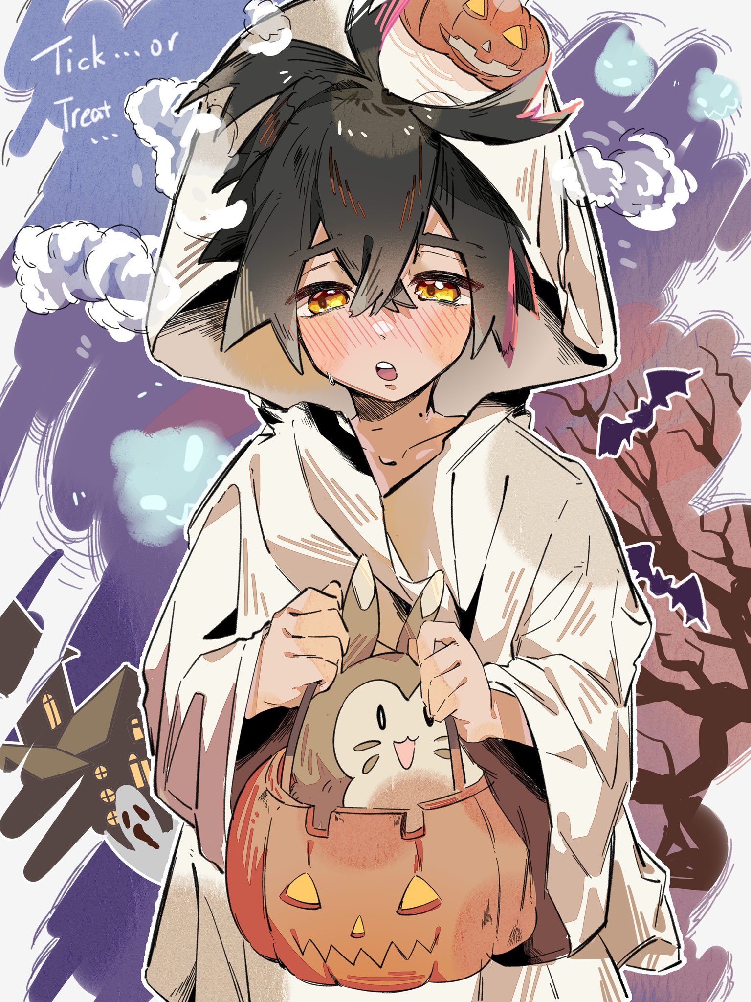 puddingtiger, kieran (pokemon), nintendo, pokemon, pokemon sv, highres, 1boy, bat (animal), blush, ghost costume, hair between eyes, halloween bucket, holding, holding pumpkin, hood, hood up, male focus, mole, mole on neck, open mouth, pumpkin, shirt, solo, teeth, trick or treat, yellow eyes