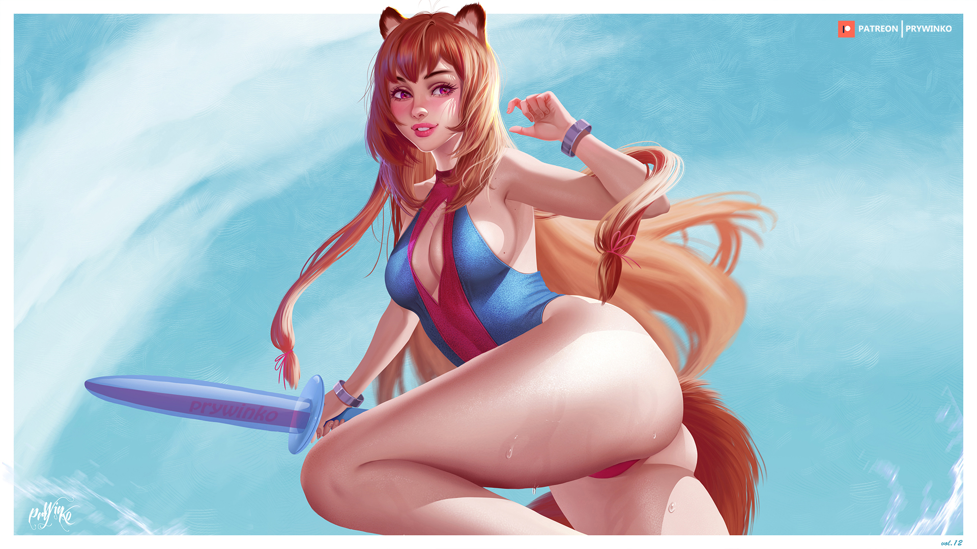 prywinko, raphtalia, tate no yuusha no nariagari, highres, 1girl, alternate costume, animal ears, arm up, armpit peek, artist name, ass, blue background, blue one-piece swimsuit, blush, border, breasts, brown hair, cleavage, cleavage cutout, clothing cutout, cowboy shot, eyelashes, floating hair, holding, holding sword, holding weapon, inflatable sword, large breasts, long hair, metal wrist cuffs, missing commentary, one-piece swimsuit, outside border, parted lips, patreon logo, patreon username, pink eyes, pink lips, pink one-piece swimsuit, raccoon ears, raccoon tail, sideboob, signature, smile, solo, swimsuit, sword, tail, thick thighs, thighs, turtleneck, turtleneck one-piece swimsuit, two-tone one-piece swimsuit, watermark, weapon, wet, white border