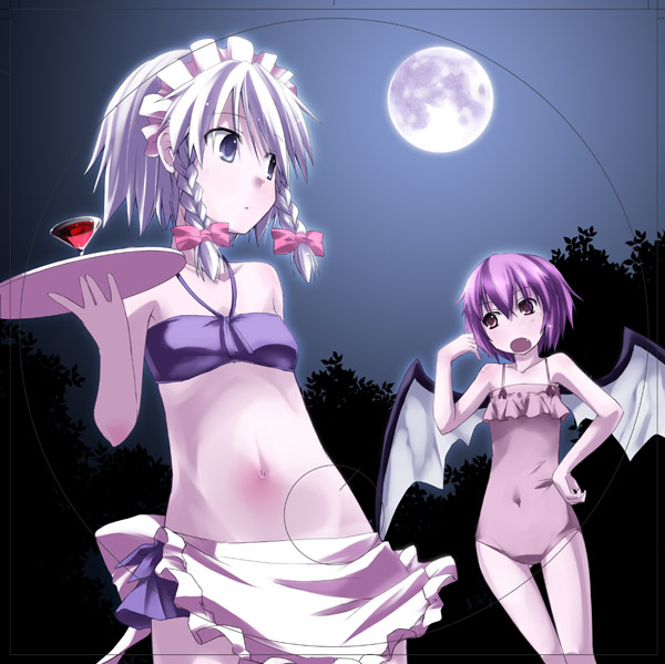 yuuki eishi, izayoi sakuya, remilia scarlet, touhou, 2girls, alternate costume, apron, bikini, casual one-piece swimsuit, female focus, multiple girls, one-piece swimsuit, swimsuit