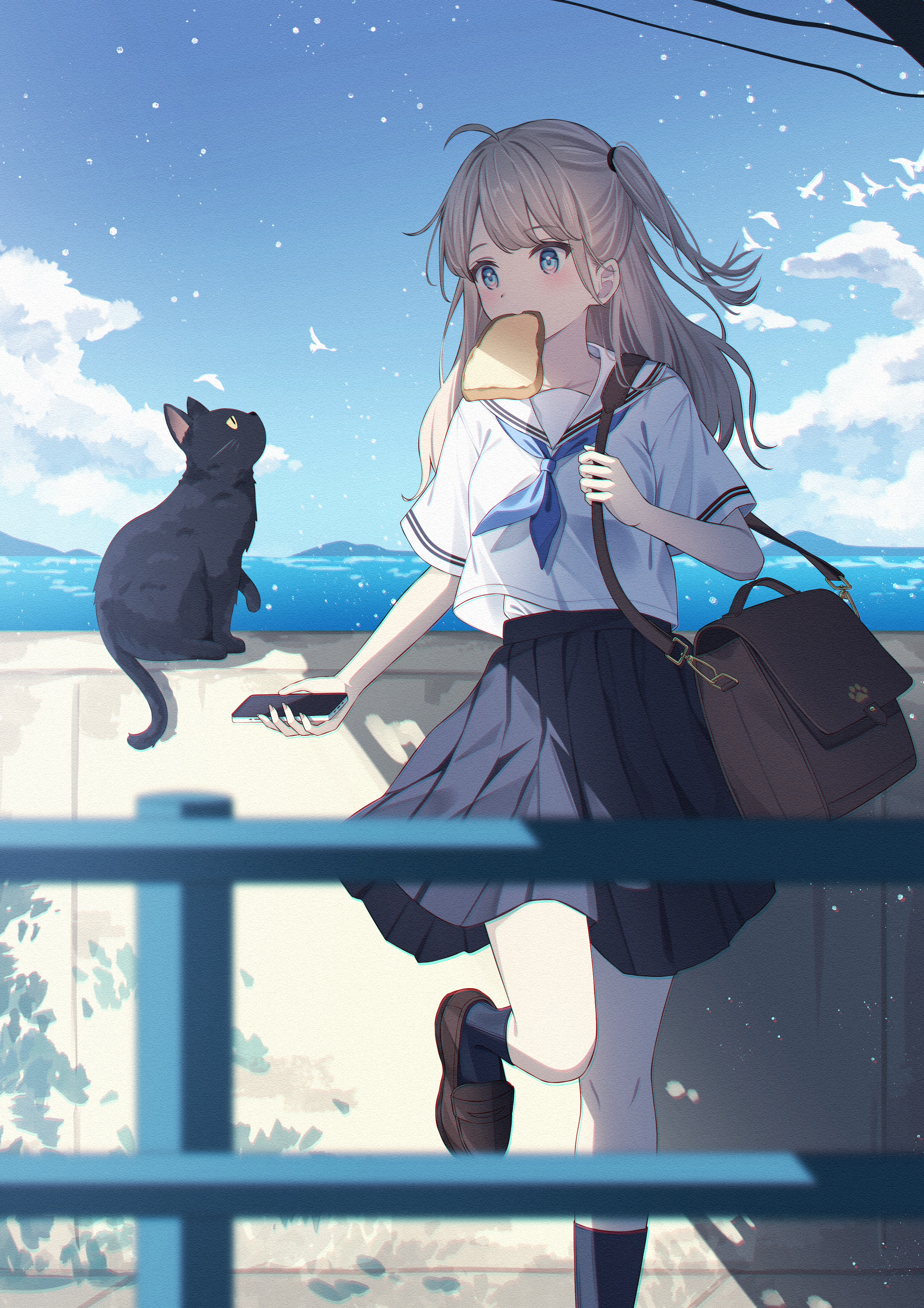 senri (senri sen), original, absurdres, commentary, highres, 1girl, bag, bird, black cat, black socks, blonde hair, blue eyes, blue neckerchief, blue skirt, blue sky, blush, bread, bread slice, brown bag, cat, cellphone, closed mouth, cloud, collarbone, day, food, food in mouth, foot out of frame, hair ornament, holding, holding phone, light particles, loafers, long hair, mouth hold, neckerchief, ocean, outdoors, phone, pleated skirt, power lines, sailor collar, school bag, school uniform, serafuku, shirt, shoes, short sleeves, shoulder bag, skirt, sky, smartphone, socks, solo, toast, toast in mouth, water, white sailor collar, white shirt