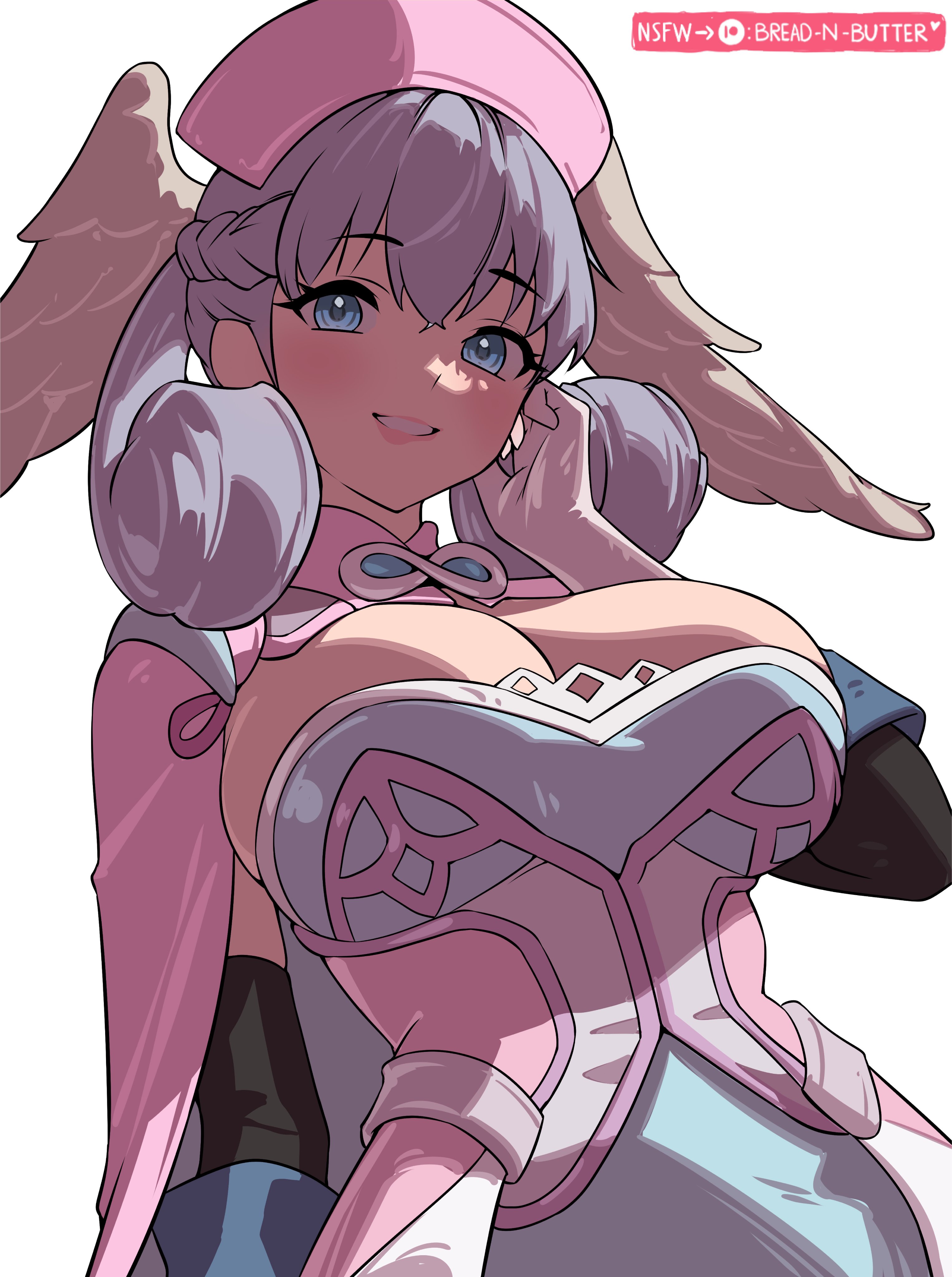 bread-n-butter, melia antiqua, xenoblade chronicles (series), xenoblade chronicles 1, absurdres, highres, 1girl, alternate breast size (larger), artist name, black gloves, blue cape, blue dress, blue eyes, blush, braid, breasts, cape, capelet, cleavage, crown braid, curly hair, dress, elbow gloves, glove cuffs, gloves, grey hair, hair between eyes, hand on own chest, hat, head wings, heart, infinity symbol, lace, lace-trimmed dress, lace trim, large breasts, looking at viewer, medium hair, multicolored dress, patreon logo, patreon username, pink cape, pink dress, pink hat, short dress, sidelighting, simple background, smile, solo, teeth, two-tone cape, upper body, white background, white dress, white gloves, wings