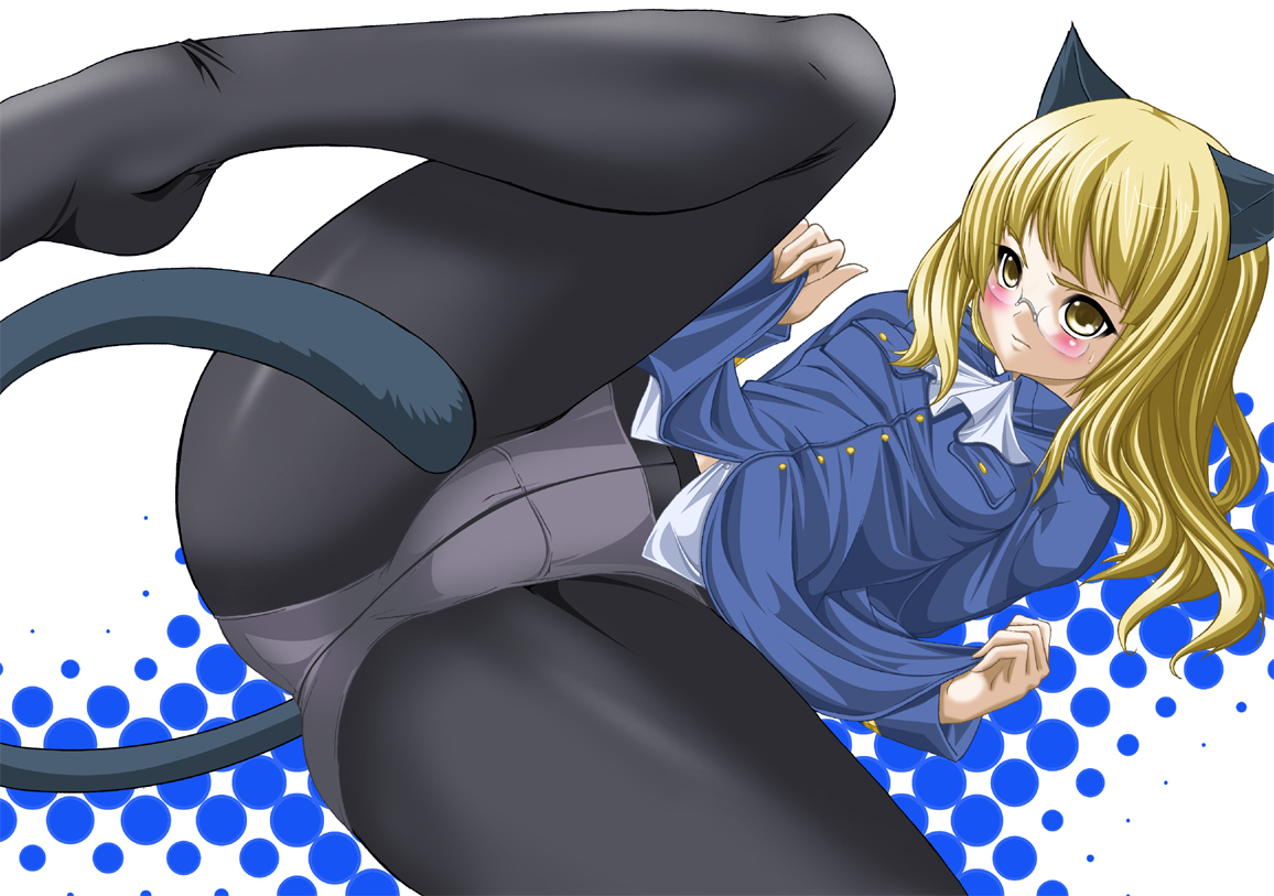 minoura-mino, perrine h. clostermann, strike witches, world witches series, crotch, 00s, 1girl, animal ears, blonde hair, blush, cat ears, cat tail, crotch seam, female focus, glasses, lying, panties, panties under pantyhose, pantyhose, short hair, solo, tail, underwear, yellow eyes
