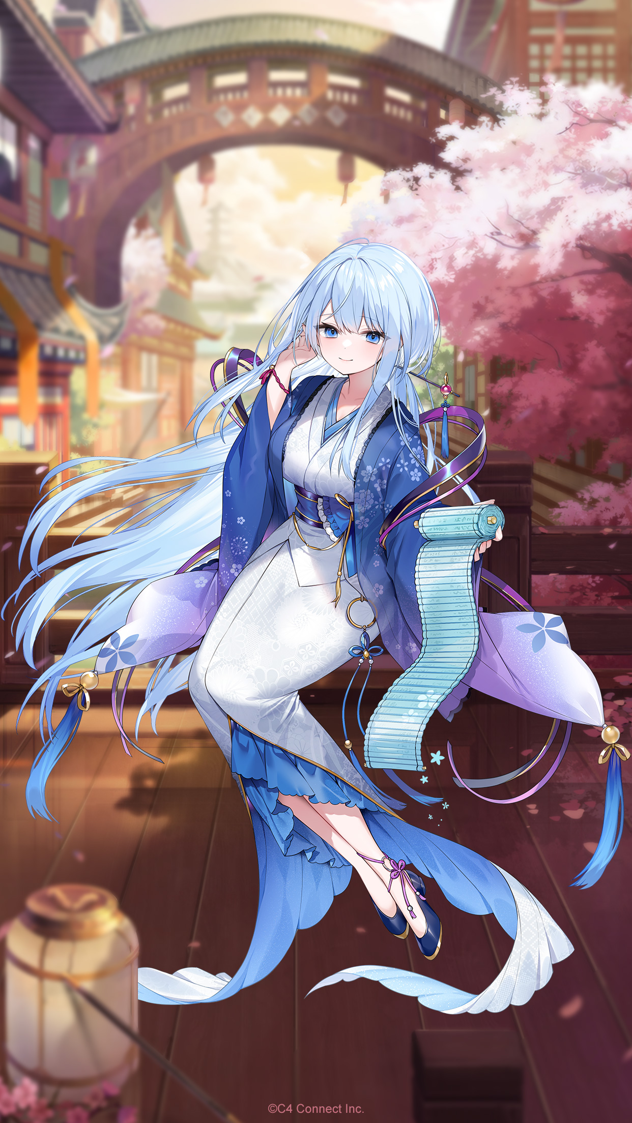 houchi shoujo, character request, highres, official art, 1girl, architecture, blue eyes, blue hair, blue shoes, bridge, cherry blossoms, closed mouth, dress, east asian architecture, fingernails, frills, full body, hand in own hair, hand up, holding, japanese clothes, long dress, long hair, looking at viewer, mermaid dress, pale skin, shoes, smile, solo, tree, very long hair