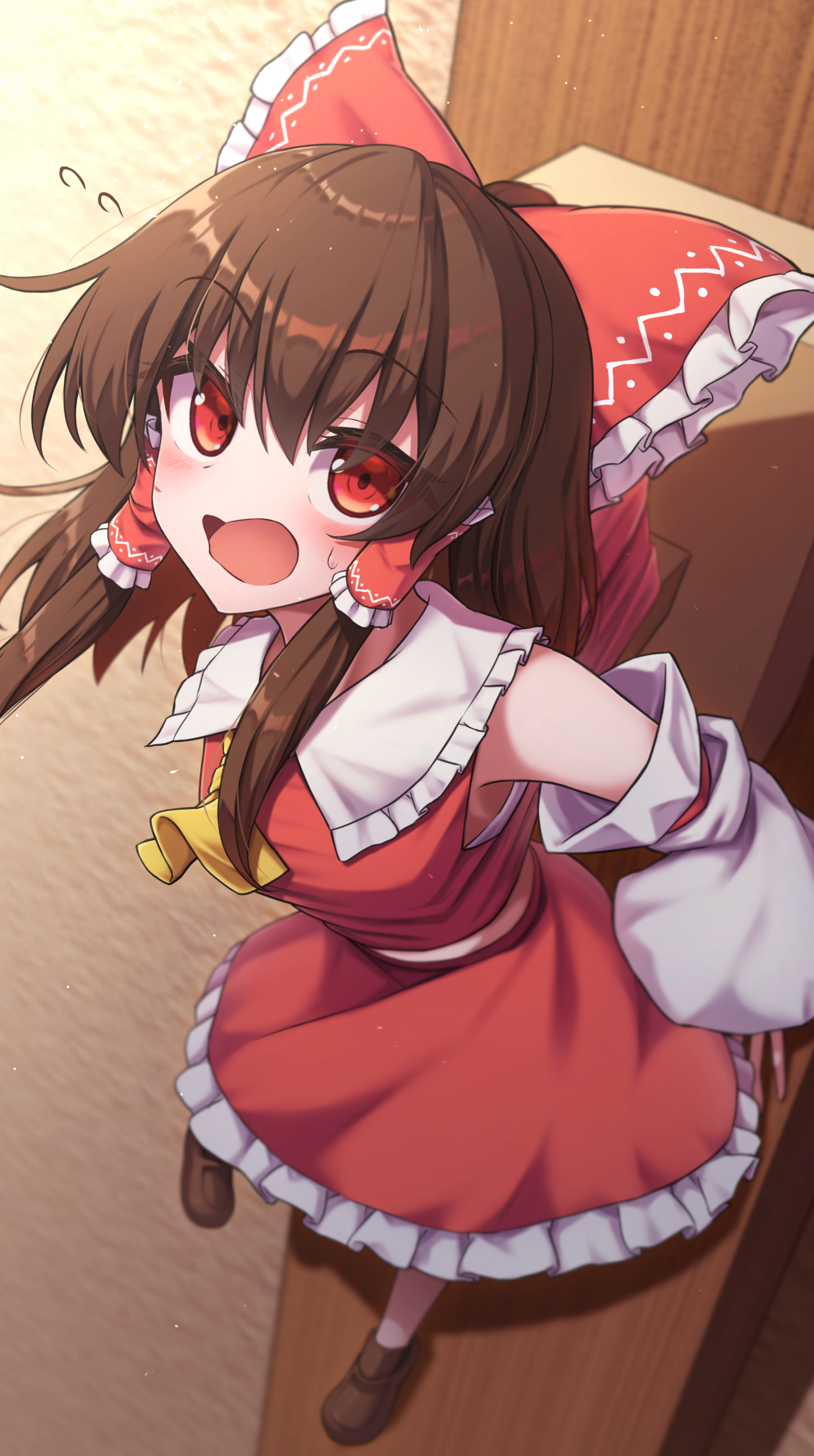 yosshy, hakurei reimu, touhou, absurdres, commentary request, highres, 1girl, armpits, ascot, blurry, blurry background, blush, bow, breasts, brown hair, brown shoes, collar, collared shirt, frilled bow, frilled hair tubes, frilled shirt collar, frilled skirt, frills, from above, hair bow, hair tubes, open mouth, red bow, red eyes, red shirt, red skirt, shirt, shoes, skirt, solo, surprised, yellow ascot