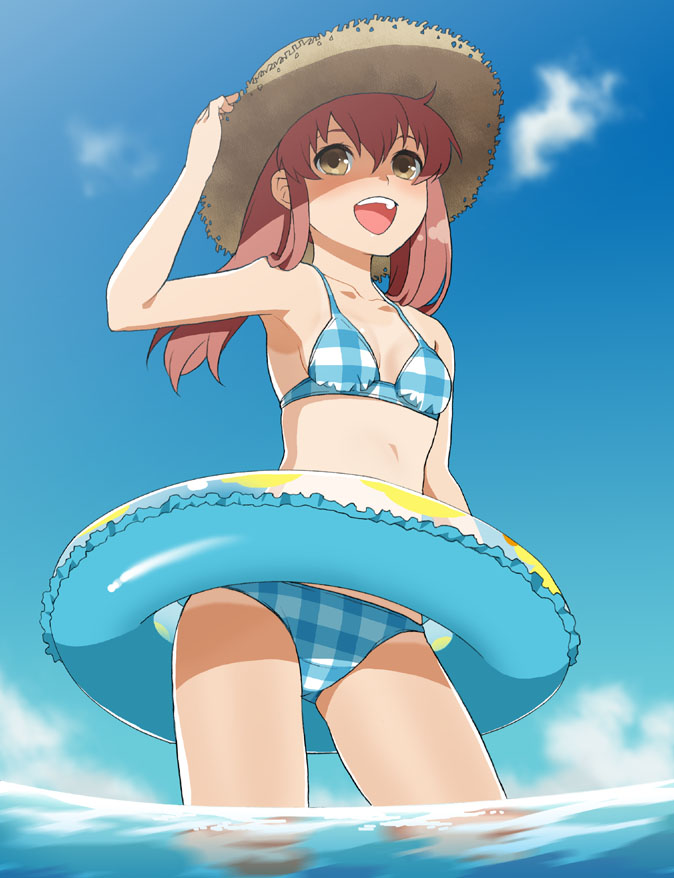 mattaku mousuke, original, 1girl, :d, bikini, blue bikini, breasts, brown hair, cowboy shot, day, female focus, from below, hand on headwear, hat, innertube, open mouth, sky, small breasts, smile, solo, standing, straw hat, swim ring, swimsuit, wading, water, yellow eyes