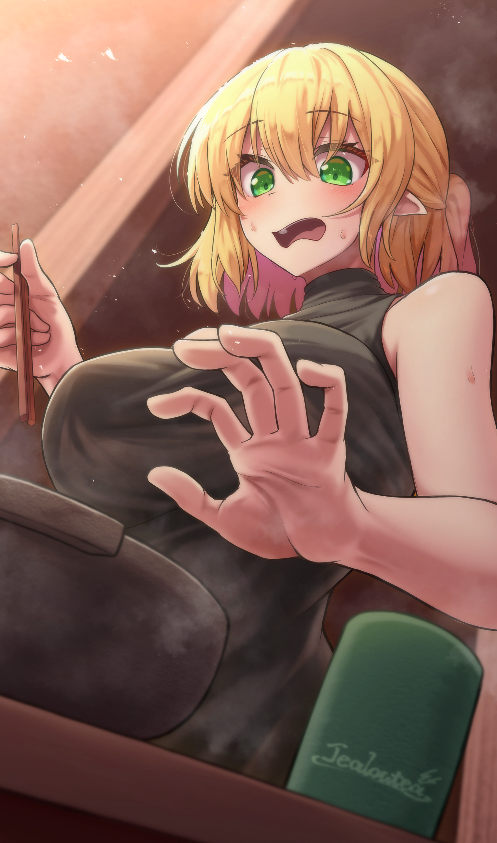 yosshy, mizuhashi parsee, touhou, absurdres, commentary request, highres, 1girl, black shirt, blonde hair, blush, braid, breasts, chopsticks, cup, from below, green eyes, hair between eyes, half up braid, half updo, holding, holding chopsticks, large breasts, looking down, open mouth, pointy ears, ponytail, shirt, short hair, short ponytail, sleeveless, sleeveless shirt, solo, steam, sweat, upper body, yunomi
