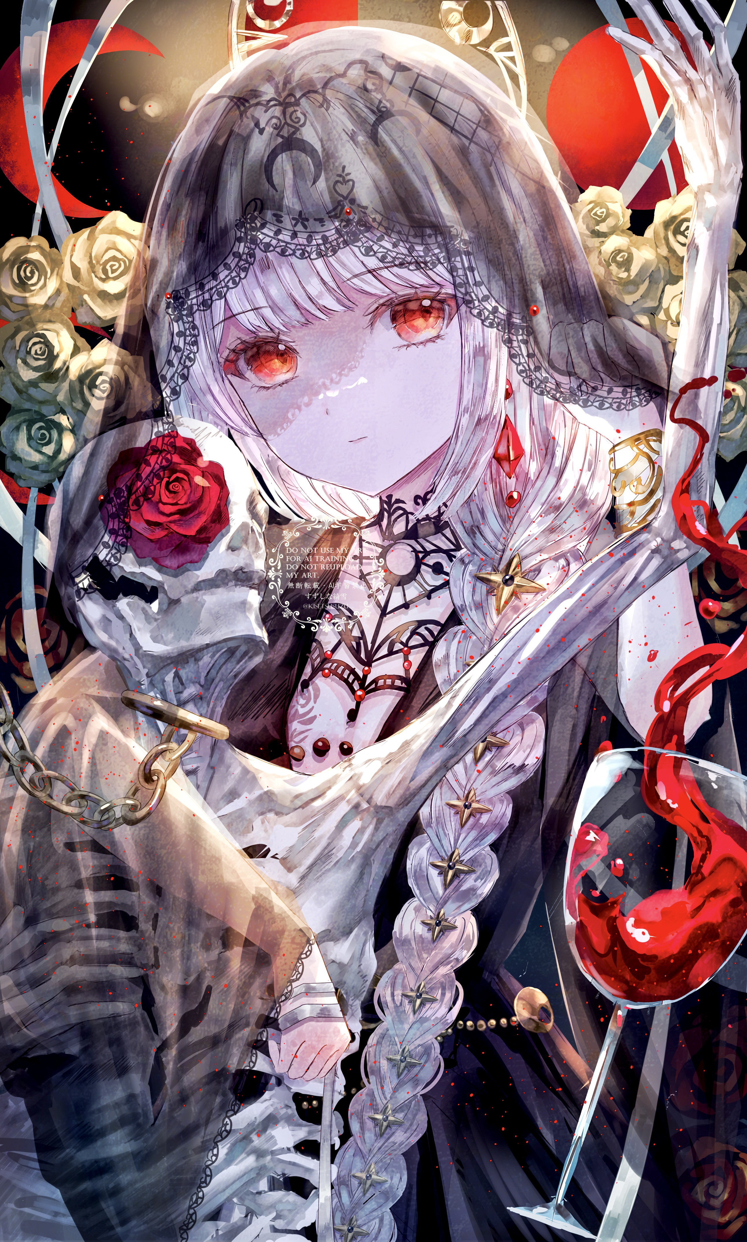 suzushina, semmelweis (reverse:1999), semmelweis (the wax and wane of the heart) (reverse:1999), reverse:1999, absurdres, commentary, english commentary, highres, 1girl, alcohol, black dress, black veil, bracelet, bracer, braid, breasts, closed mouth, crescent, cup, dress, drinking glass, earrings, expressionless, flower, hand up, jewelry, long braid, long hair, looking at viewer, medium breasts, plunging neckline, red eyes, red flower, red rose, rose, single braid, single sidelock, skeleton, solo, upper body, veil, watermark, white flower, white hair, white rose, wine, wine glass