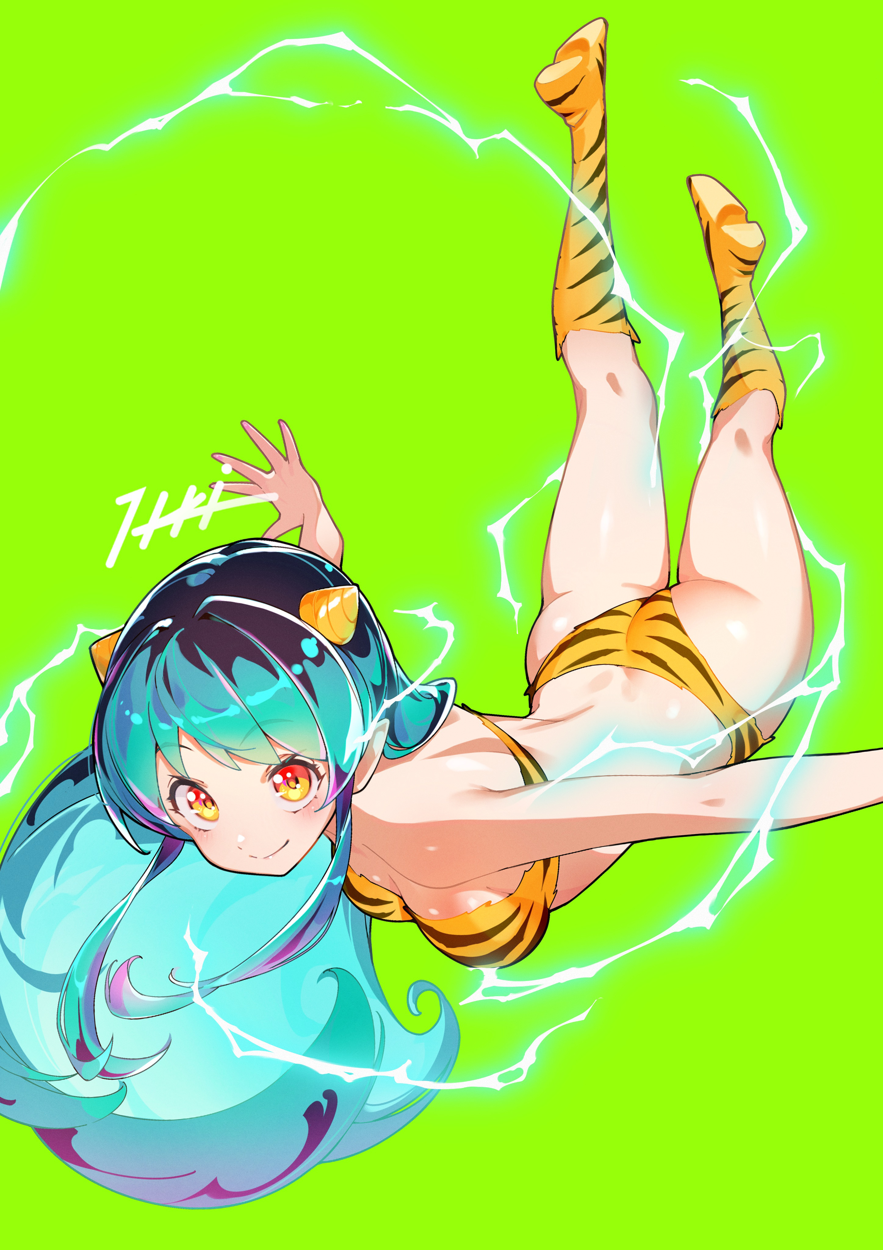 itou kazuki, lum, urusei yatsura, absurdres, highres, 1girl, animal print, ass, bikini, black hair, blush, breasts, closed mouth, cone horns, electricity, electrokinesis, falling, full body, green background, green hair, horns, long hair, looking at viewer, medium breasts, orange eyes, outstretched arms, pointy ears, print bikini, print boots, signature, simple background, smile, solo, strapless, strapless bikini, striped horns, swimsuit, tiger print, yellow bikini, yellow horns