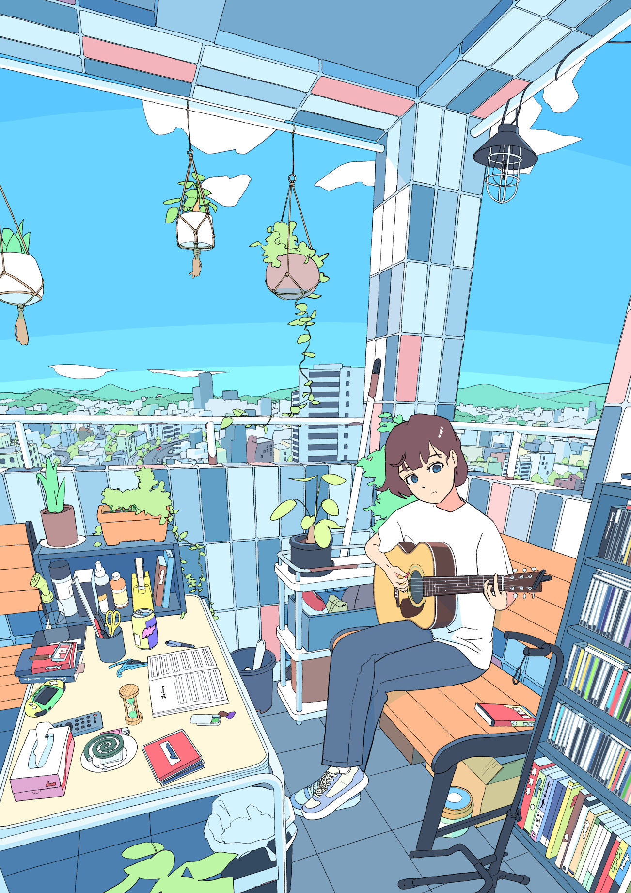akabane 1999, original, commentary request, highres, 1girl, acoustic guitar, balcony, bench, blue eyes, blue pants, blue sky, book, bookshelf, bottle, box, broom, brown hair, can, cardboard box, citronella, city, closed mouth, cloud, controller, drink can, eraser, frown, guitar, guitar stand, handheld game console, hanging plant, hourglass, instrument, music, on bench, open book, pants, pen, plant, playing guitar, playing instrument, potted plant, railing, remote control, ruler, scenery, scissors, shelf, shirt, shoes, short hair, sitting, sky, slice of life, sneakers, spray bottle, t-shirt, table, tape, tile floor, tiles, tissue box, trash can, white shirt, white shoes