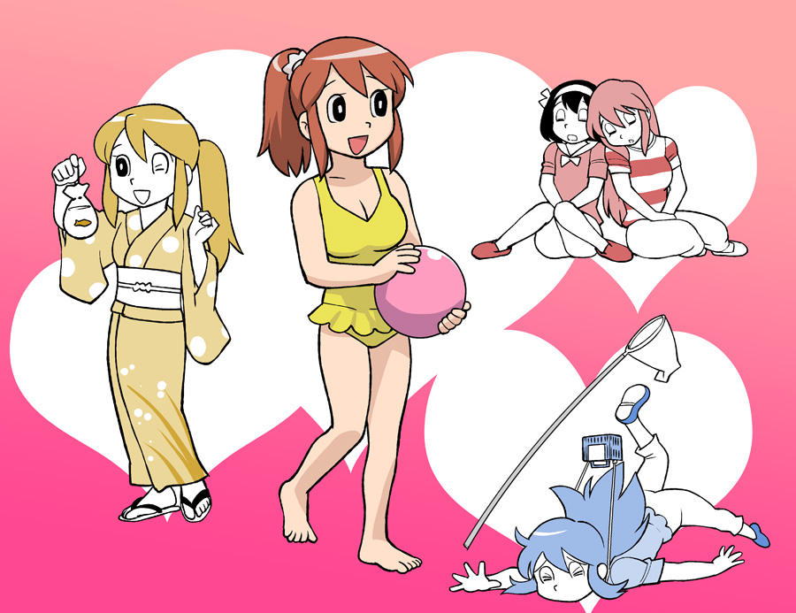 ueyama michirou, asahina mikuru, suzumiya haruhi, doraemon, suzumiya haruhi no yuuutsu, bag, bagged fish, barefoot, brown hair, butterfly net, falling, fish, fujiko f fujio (style), goldfish, hand net, japanese clothes, kimono, one-piece swimsuit, parody, ponytail, sleeping, style parody, swimsuit, yukata
