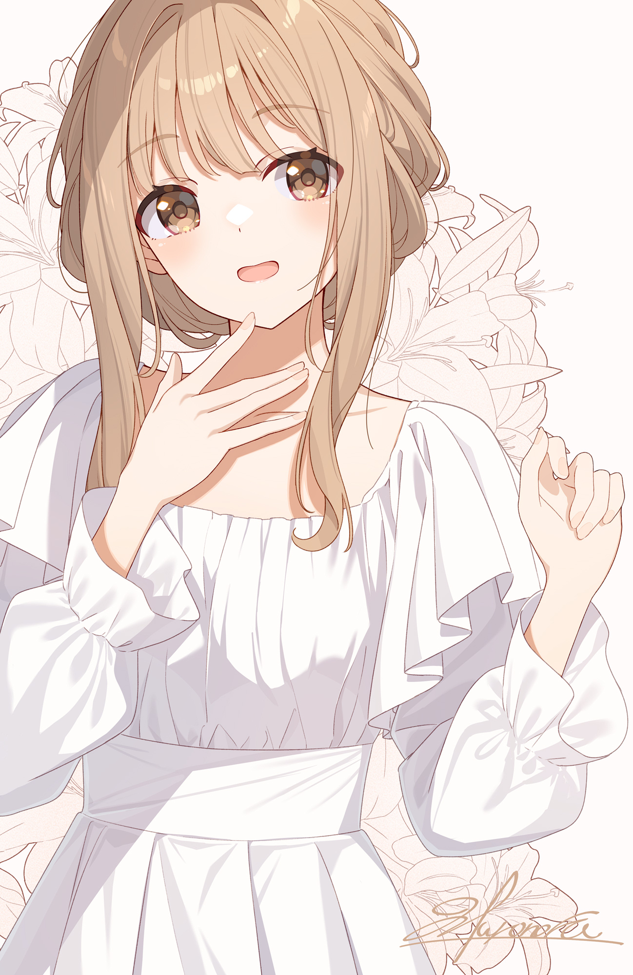 huyunora, original, commentary request, highres, 1girl, brown eyes, brown hair, collarbone, dress, floral background, flower, hands up, long sleeves, looking at viewer, open mouth, short hair with long locks, sidelocks, signature, solo, upper body, white background, white dress, white flower