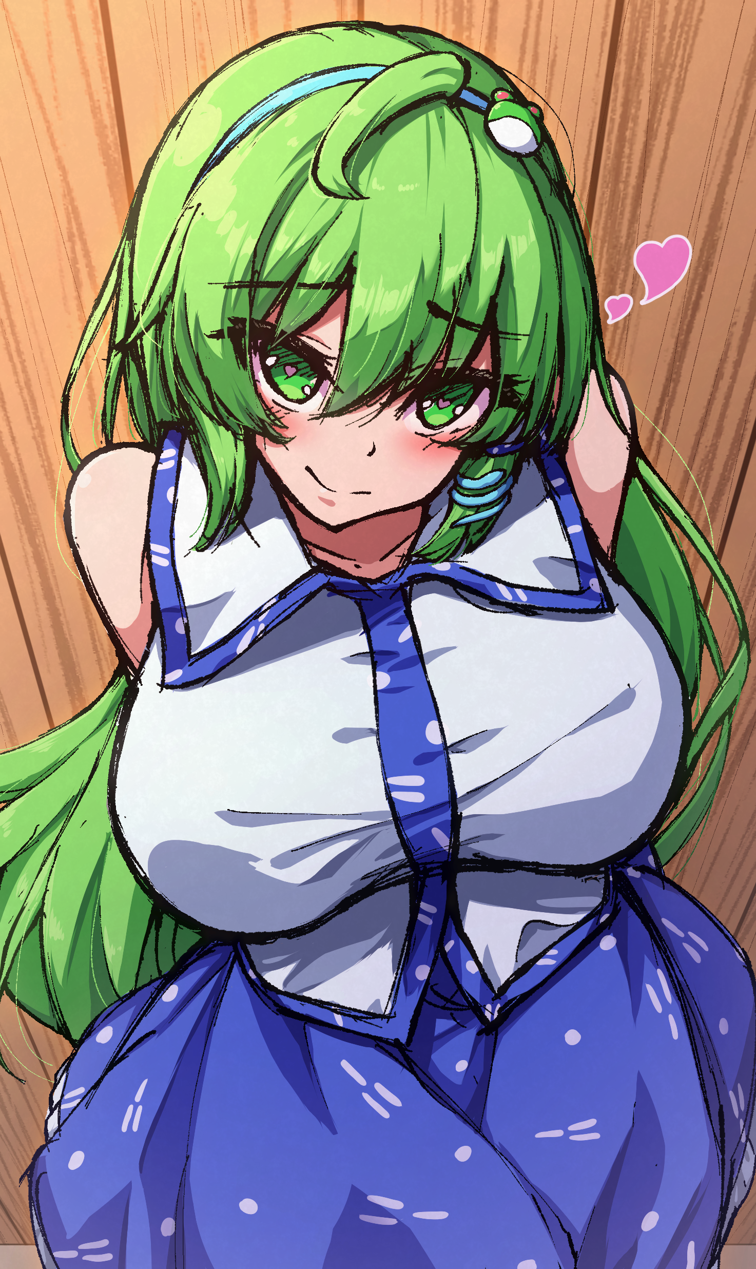 yosshy, kochiya sanae, touhou, absurdres, commentary request, highres, 1girl, arms behind back, bare shoulders, blue hairband, blue skirt, blush, breasts, collared shirt, frog hair ornament, green eyes, green hair, hair ornament, hair tubes, hairband, heart, heart-shaped pupils, huge breasts, long hair, looking at viewer, polka dot, shirt, sidelocks, single hair tube, skirt, smile, snake hair ornament, solo, symbol-shaped pupils, upper body, very long hair