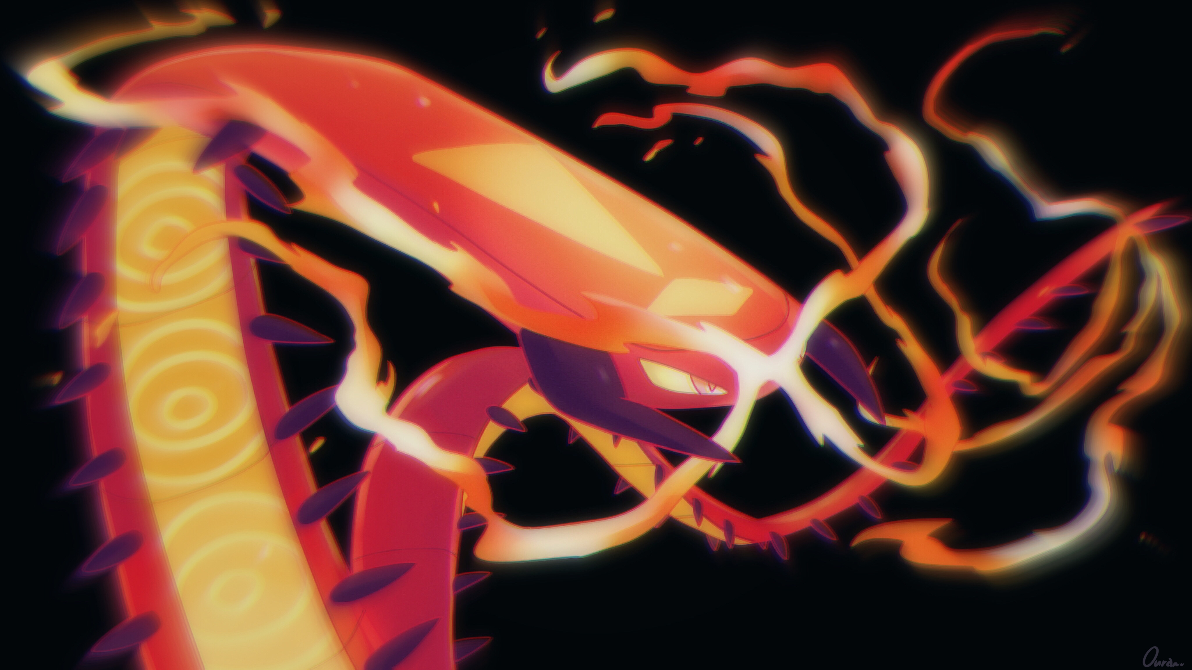 ouran, centiskorch, gigantamax centiskorch, nintendo, pokemon, absurdres, commentary request, highres, black background, fire, gen 8 pokemon, gigantamax, looking ahead, no humans, pokemon (creature), signature, solo