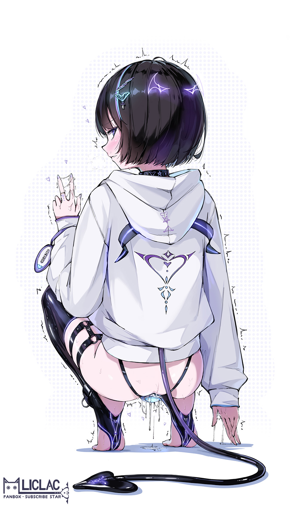 liclac, original, highres, 1girl, black choker, black thighhighs, brown hair, choker, dildo, from behind, hood, hoodie, latex, latex thighhighs, looking at viewer, medium hair, object insertion, purple eyes, pussy juice, sex toy, skindentation, solo, squatting, striped clothes, striped thighhighs, tail, thighhighs, v, vaginal, vaginal object insertion