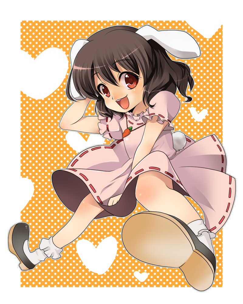 shie, shie (m417), inaba tewi, touhou, bad id, bad pixiv id, 1girl, animal ears, brown hair, dress, female focus, happy, jewelry, necklace, rabbit ears, rabbit girl, rabbit tail, red eyes, short hair, solo, tail