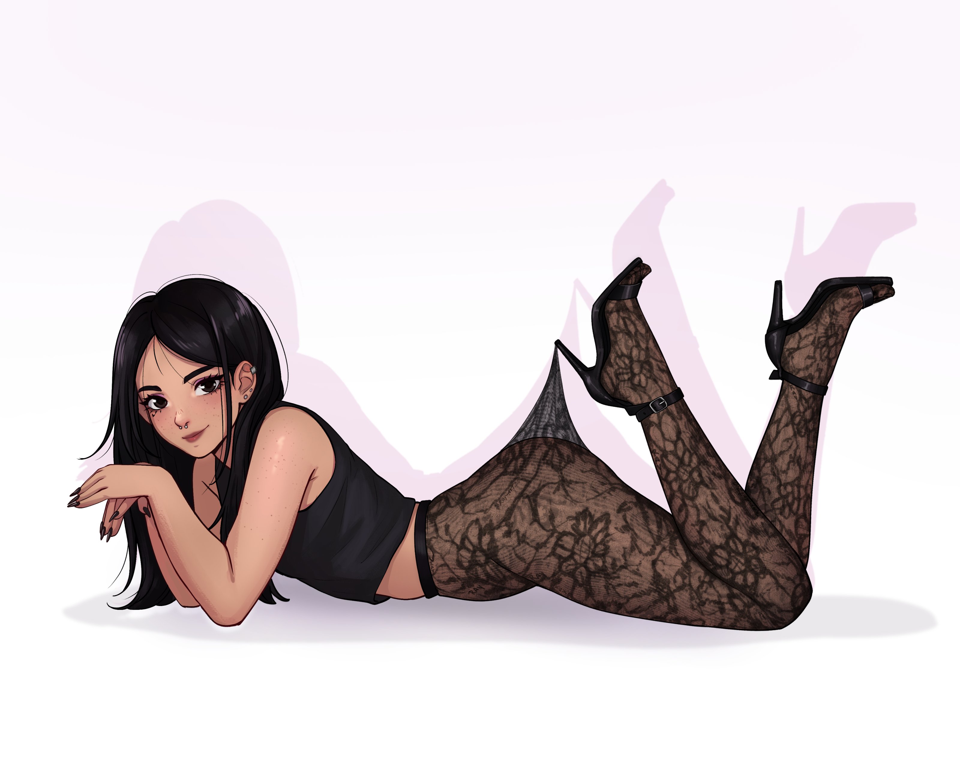 ray-art2.0, panty & stocking with garterbelt, absurdres, commission, highres, 1girl, art2ray, artist name, black hair, black pantyhose, black shoes, black socks, brown eyes, brown hair, fishnet pantyhose, fishnets, high heels, lying, nail polish, pantyhose, shoes, socks