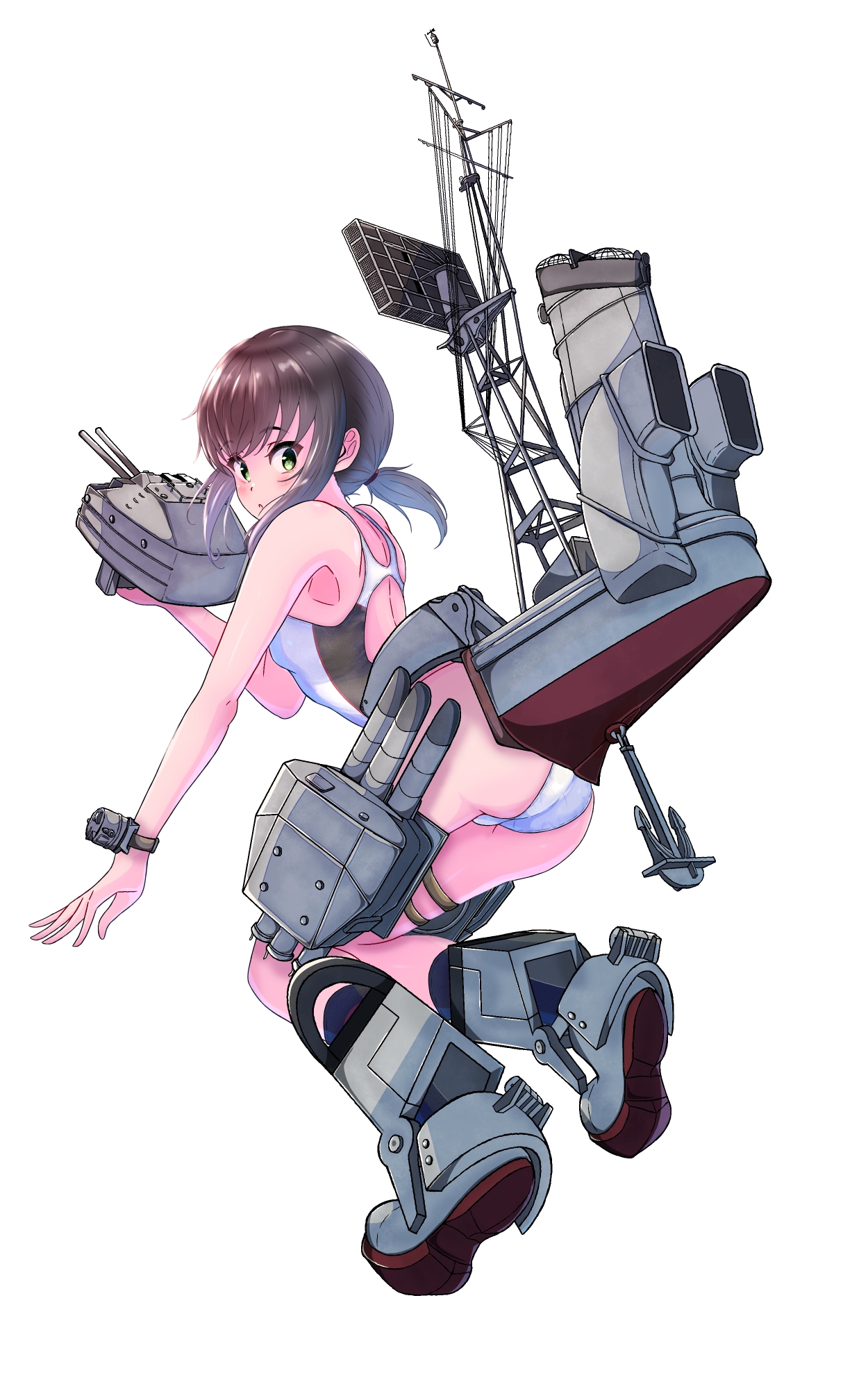 yoko hata, fubuki (kancolle), kantai collection, highres, 1girl, adapted turret, alternate costume, anchor, ass, black hair, competition swimsuit, green eyes, leaning forward, looking at viewer, looking back, low ponytail, machinery, one-piece swimsuit, ponytail, racerback, sidelocks, simple background, smokestack, solo, swimsuit, torpedo launcher, ventilation shaft, white background, white one-piece swimsuit