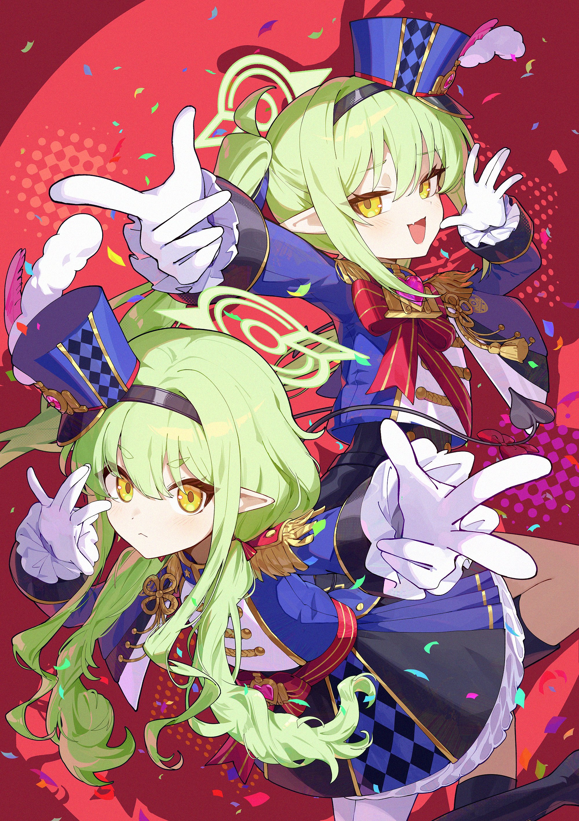 pellas (panix2383), hikari (blue archive), nozomi (blue archive), blue archive, absurdres, highres, 2girls, black boots, black skirt, blue jacket, blue skirt, boots, buttons, confetti, diamond (shape), epaulettes, fang, frilled skirt, frills, gloves, green hair, green halo, halo, hat, heart, jacket, long hair, long sleeves, multicolored skirt, multiple girls, open mouth, pantyhose, pointing, pointy ears, puffy long sleeves, puffy sleeves, red ribbon, ribbon, siblings, skirt, smile, tail, twins, twintails, white gloves, white pantyhose, yellow eyes