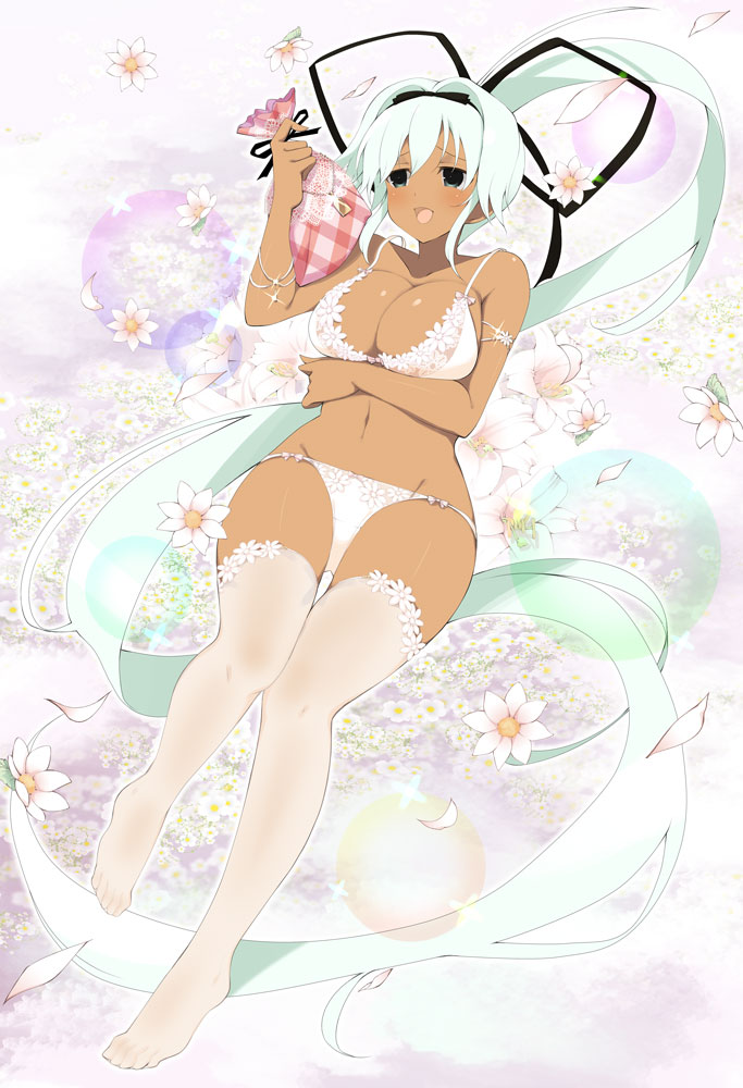 yuyaki (senran kagura), senran kagura, senran kagura new wave, non-web source, official art, 1girl, :d, arm under breasts, armlet, armpit crease, bag, black bow, black eyes, black ribbon, blush, bow, bow bra, bow panties, bra, bracelet, breasts, cleavage, collarbone, dark-skinned female, dark skin, field, flower, flower-trimmed bra, flower-trimmed panties, flower-trimmed thighhighs, flower bra, flower field, flower panties, full body, groin, hair bow, hair intakes, hair ribbon, heavy lens flare, high ponytail, holding, holding bag, jewelry, lace, large breasts, leaf, lens flare, linea alba, long hair, looking at viewer, lying, navel, on back, open mouth, panties, plaid bag, plant, ponytail, red bag, ribbon, shiny skin, silver armlet, silver bracelet, smile, solo, sparkle, thighhighs, tongue, two-tone bag, underwear, underwear only, very long hair, white bag, white bra, white flower, white hair, white panties, white thighhighs