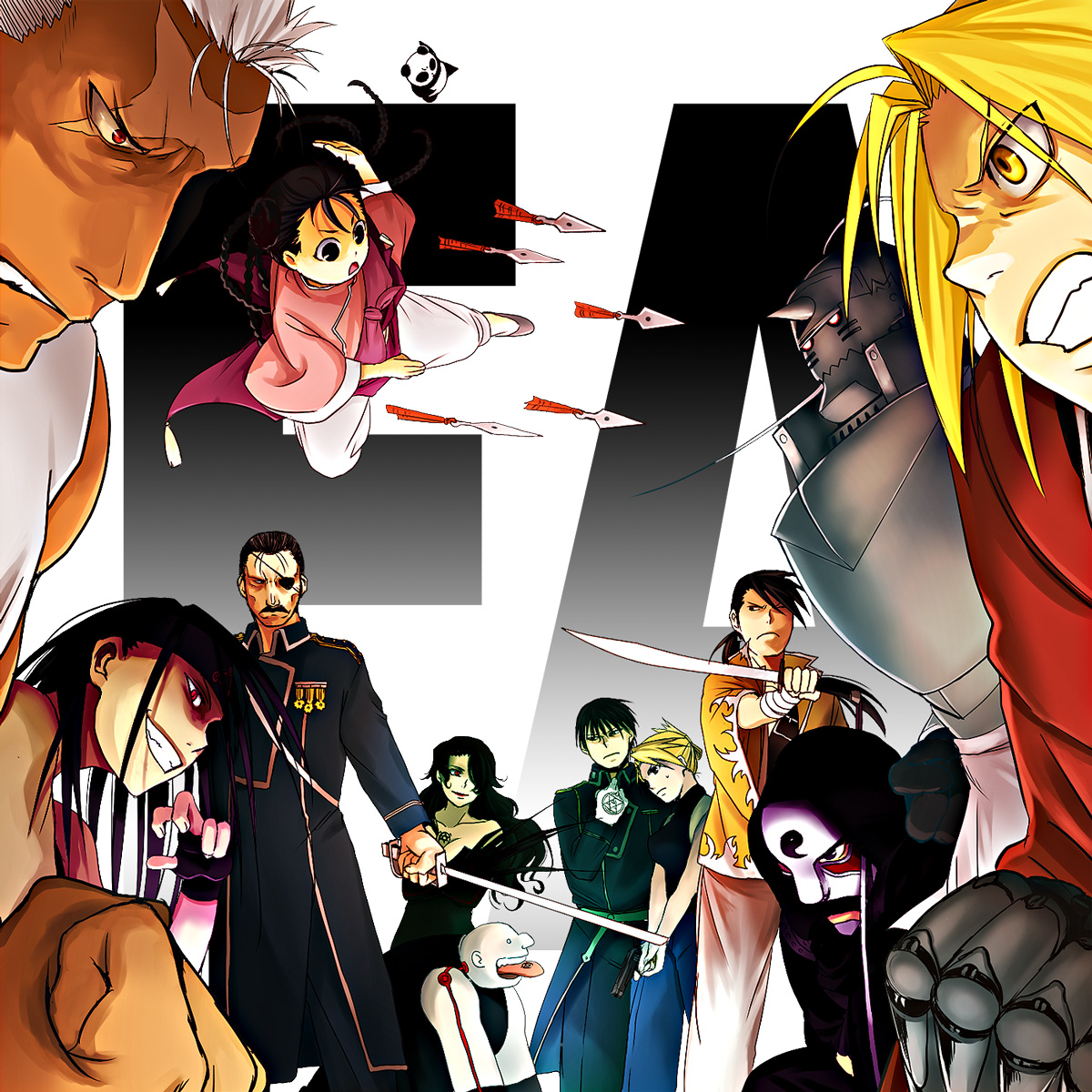 bak, alphonse elric, edward elric, envy (fma), gluttony (fma), lan fan, ling yao, lust (fma), may chang, riza hawkeye, roy mustang, scar (fma), wrath (fma), xiao-mei, fullmetal alchemist, homunculus, highres, 00s, 3girls, 6+boys, angry, armor, black hair, blonde hair, grin, gun, kunai, mask, military, military uniform, multiple boys, multiple girls, opposing sides, ponytail, red eyes, scar, smile, sword, weapon, yellow eyes