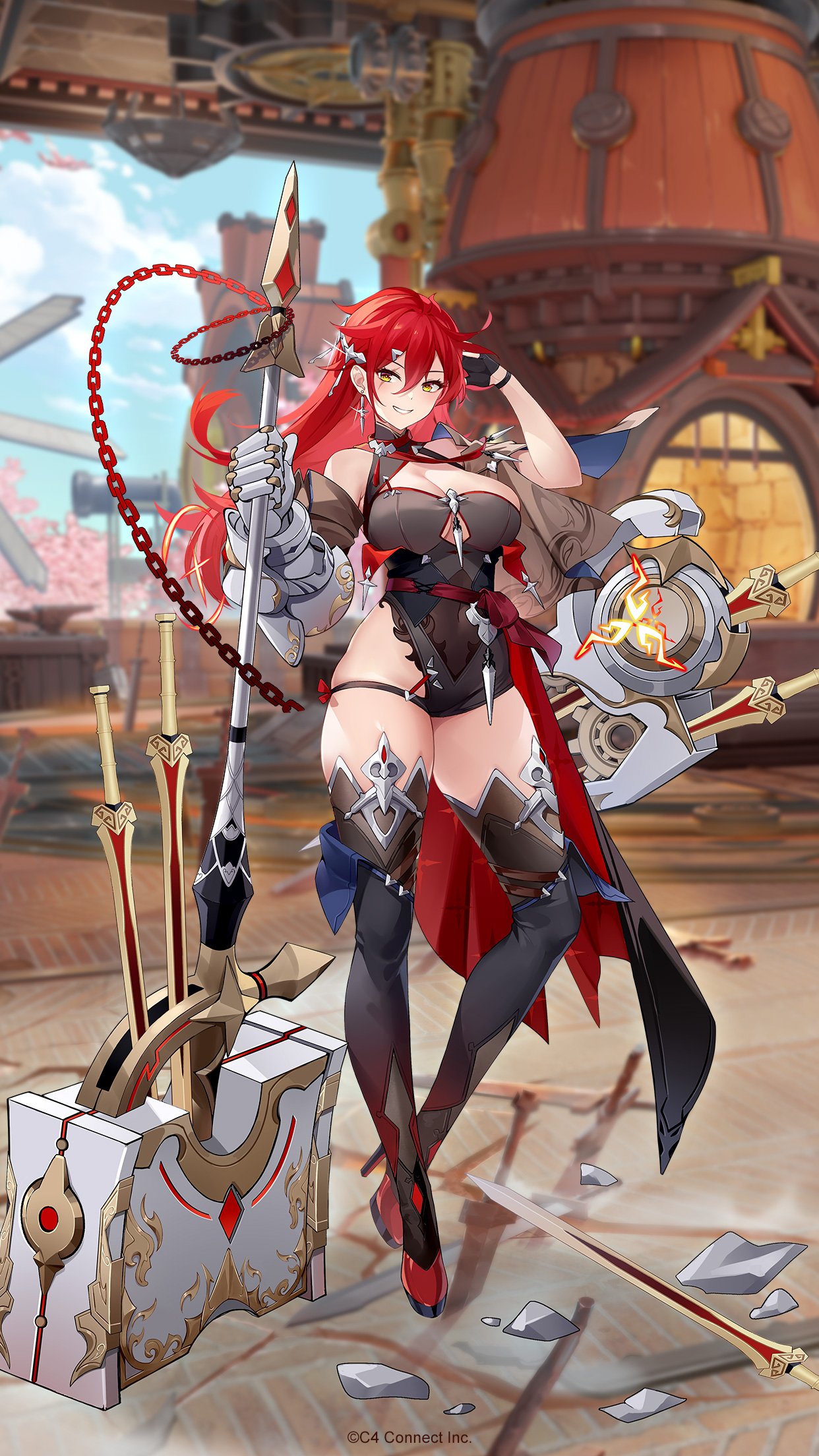 houchi shoujo, character request, highres, official art, 1girl, arm behind head, bare shoulders, boots, breasts, chain, cleavage, clothing cutout, covered navel, earrings, full body, grin, hair between eyes, hammer, hand in own hair, high heels, holding, holding hammer, jewelry, large breasts, long hair, looking at viewer, pale skin, red hair, rock, scar, scar across eye, scar on face, smile, thigh boots, underboob cutout, yellow eyes