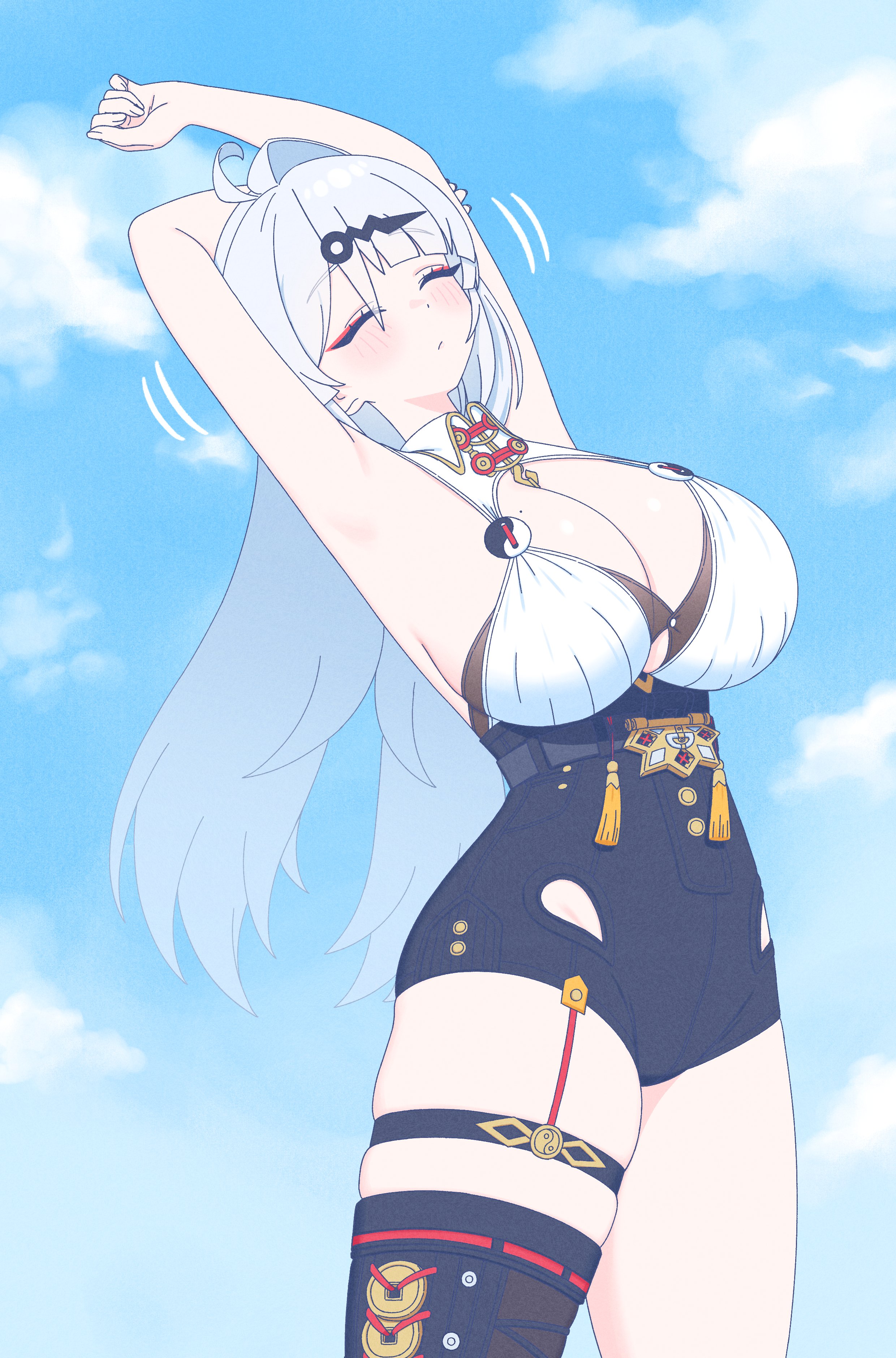 parangmuru, yixuan (zenless zone zero), zenless zone zero, absurdres, commentary request, highres, 1girl, ahoge, armpits, arms up, black unitard, blue sky, blush, breasts, closed eyes, closed mouth, cowboy shot, garter straps, hair ornament, hairpin, large breasts, long hair, mole, mole on chest, motion lines, no gloves, no jacket, outdoors, single garter strap, single hair intake, single thighhigh, skindentation, sky, solo, stretching, tassel, thigh strap, thighhighs, white hair, yin yang pin
