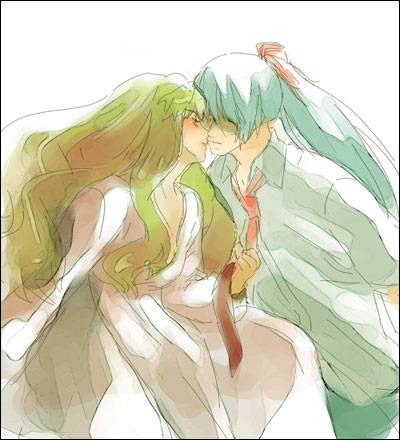 saotome alto, sheryl nome, macross, macross frontier, lowres, 00s, 1boy, 1girl, blonde hair, blue hair, couple, curly hair, hetero, kiss, long hair, necktie, ponytail