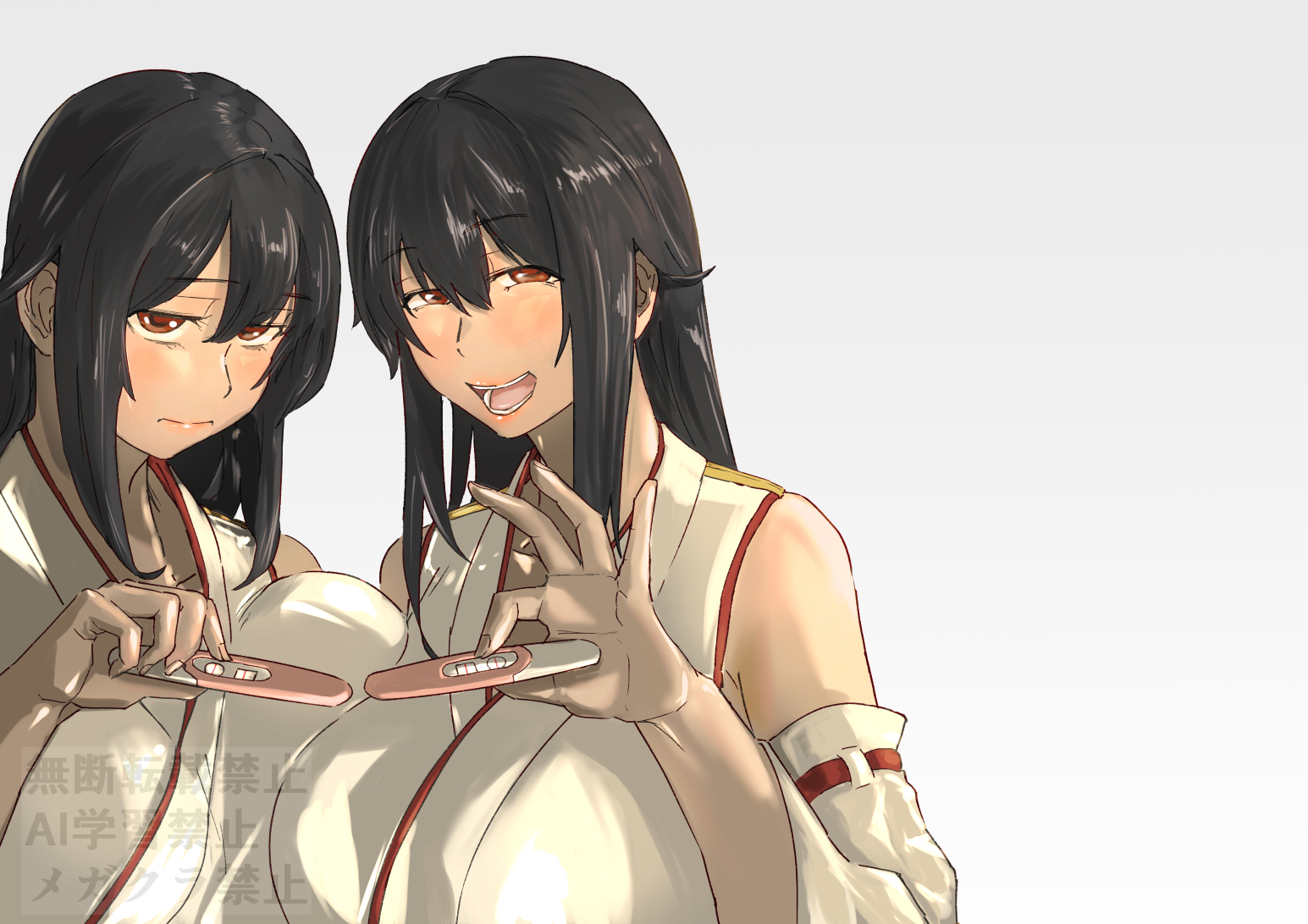 megakura kinshi, fusou (kancolle), yamashiro (kancolle), kantai collection, 1girl, black hair, breasts, detached sleeves, large breasts, long hair, medium breasts, negative space, pregnancy test, red eyes, ribbon-trimmed sleeves, ribbon trim, sidelocks, simple background, smile, solo, upper body, watermark, white background
