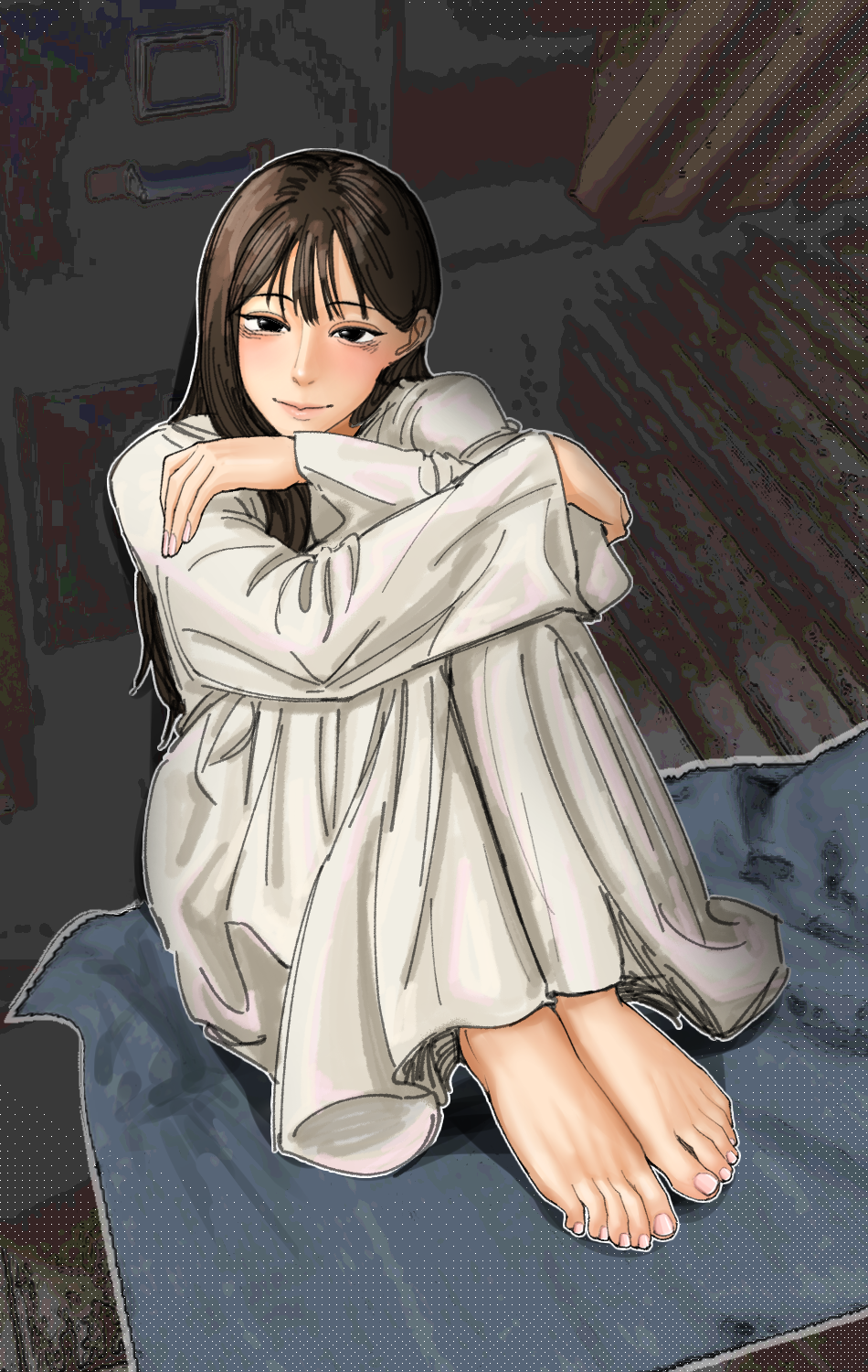 emmi, highres, 1girl, barefoot, black eyes, black hair, feet, light blush, long hair, looking at viewer, toes