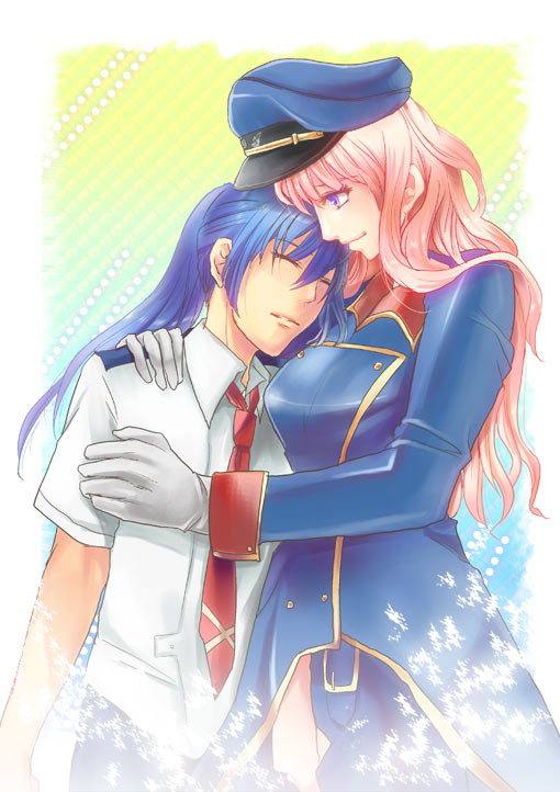 saotome alto, sheryl nome, macross, macross frontier, 00s, 1boy, 1girl, blue eyes, blue hair, closed eyes, couple, gloves, hat, hetero, hug, long hair, military, military uniform, necktie, peaked cap, pink hair, ponytail, white gloves