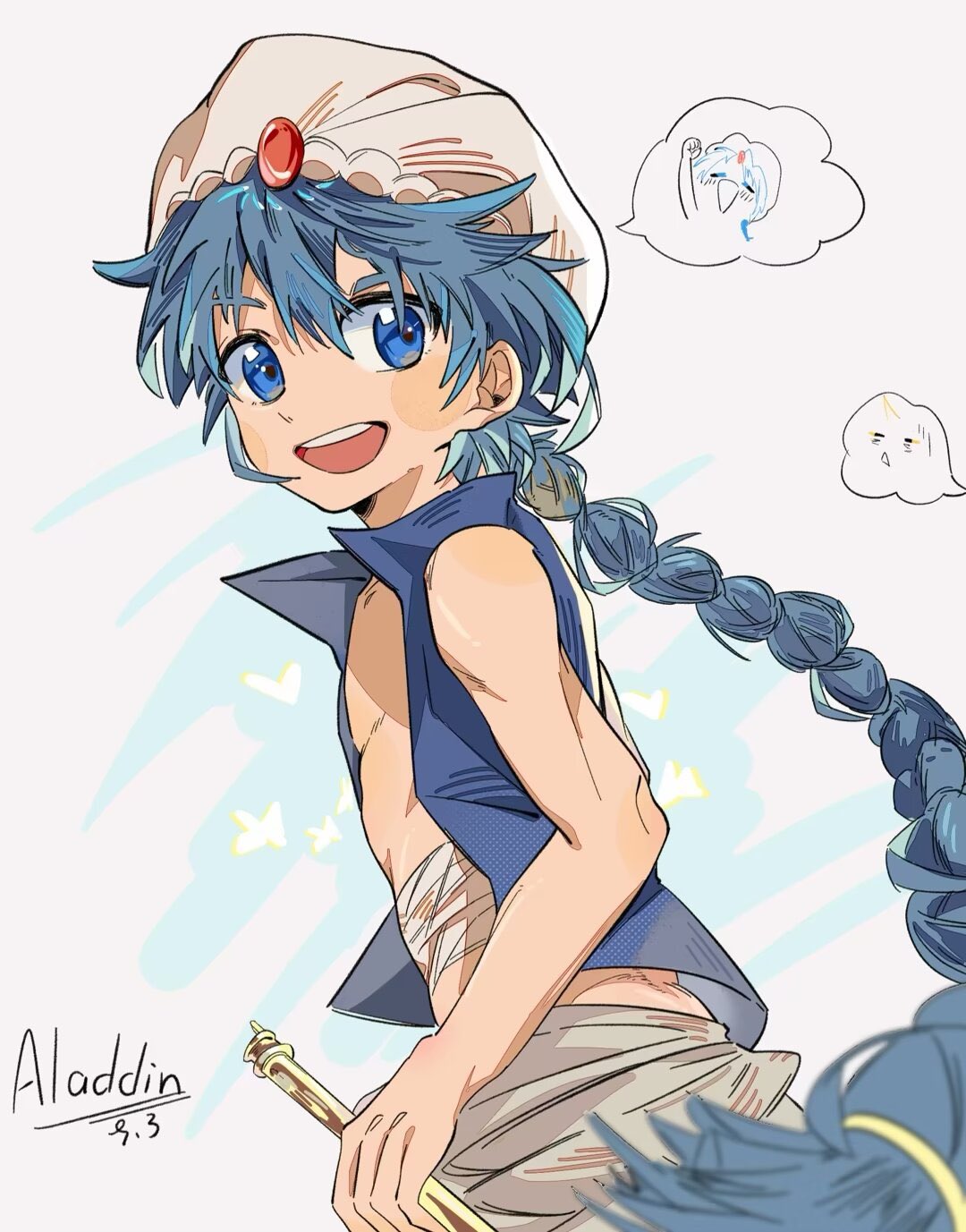 puddingtiger, aladdin (magi), magi the labyrinth of magic, highres, 1boy, arabian clothes, blue eyes, blue hair, braid, character name, flute, hair between eyes, hair ornament, hat, instrument, long hair, male focus, open mouth, pants, single braid, sleeveless, smile, solo, turban, upper body