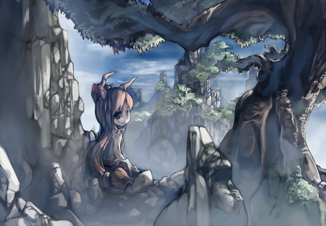 cucui, cusui, ibuki suika, touhou, bad id, bad pixiv id, 1girl, blonde hair, female focus, fog, horns, landscape, light smile, long hair, looking back, oni, rock, scenery, sitting, smile, solo, tree